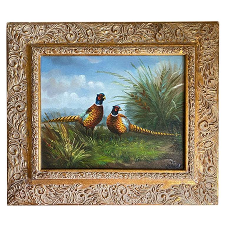 Important Framed Rectangular Pheasant Painting with Giltwood Gold Frame, Signed