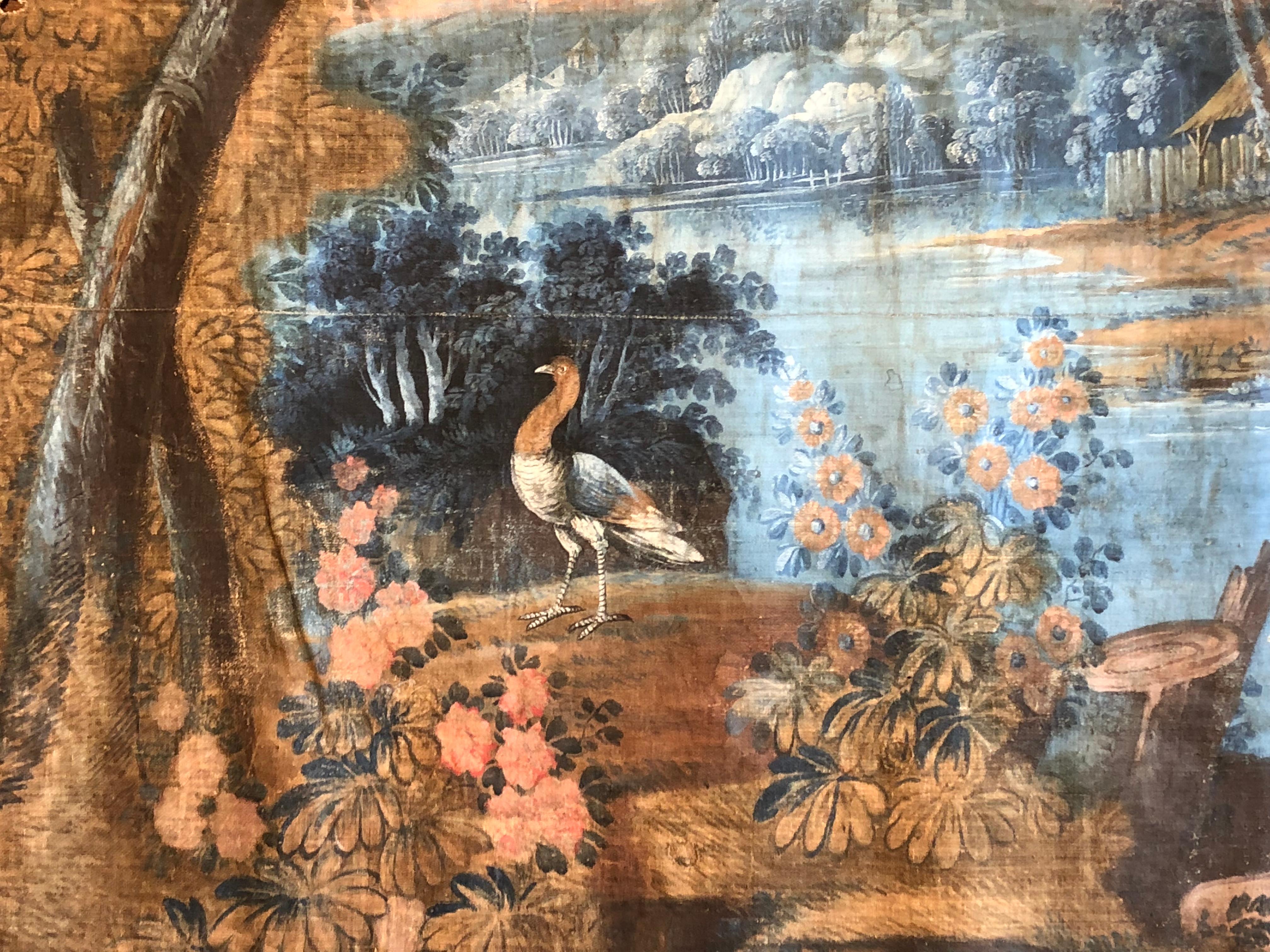 An important room-size “toile peinte” tapestry depicting a landscape with a village scene, trees, birds and flowers, attributed to the Tournemine workshops in Angers, France painted by Coulet de Beauregard, circa 1770. Similar examples, considered