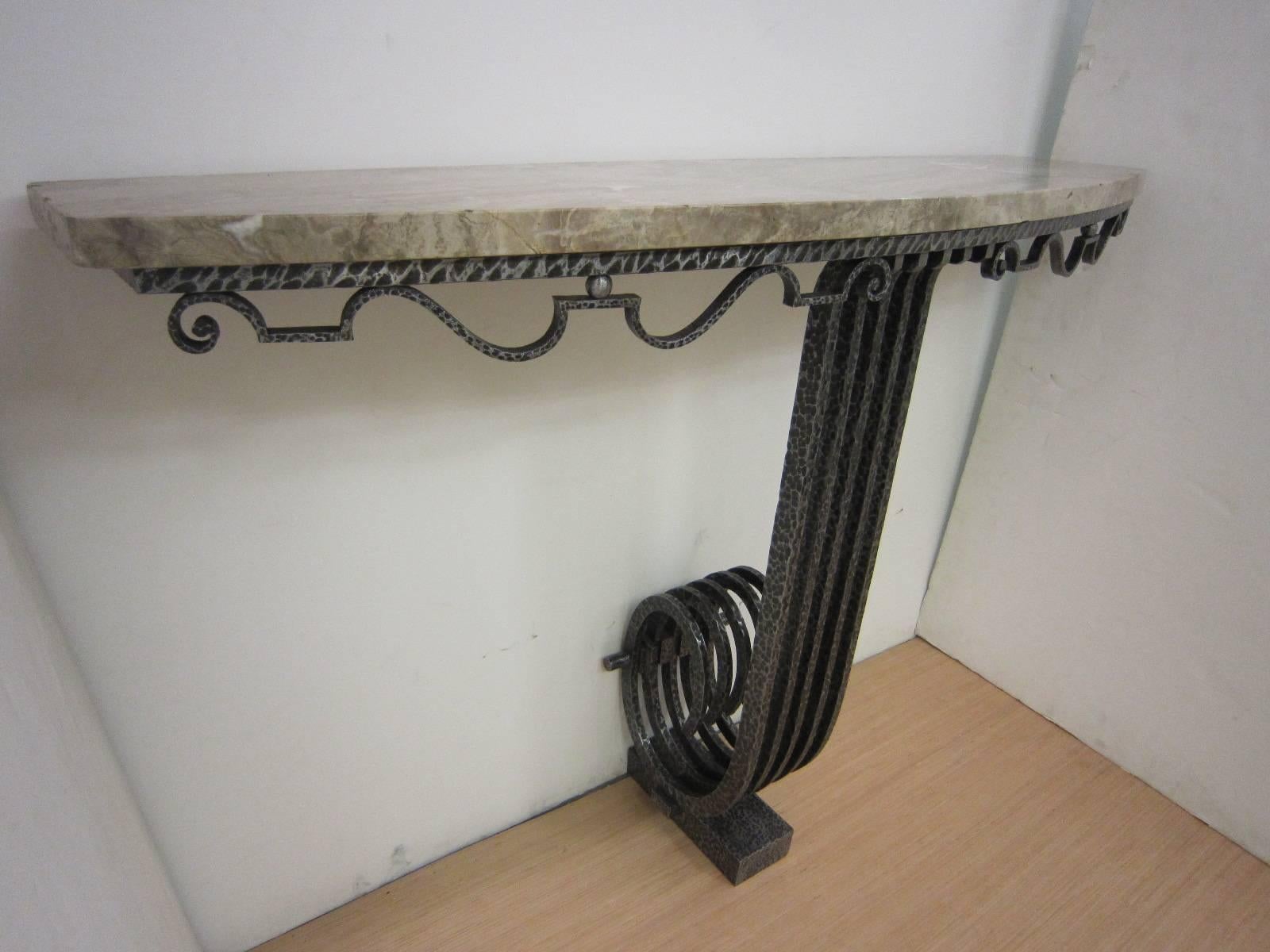 Important French Art Deco Hand Hammered Iron Console Attributed to Raymond Subes 2
