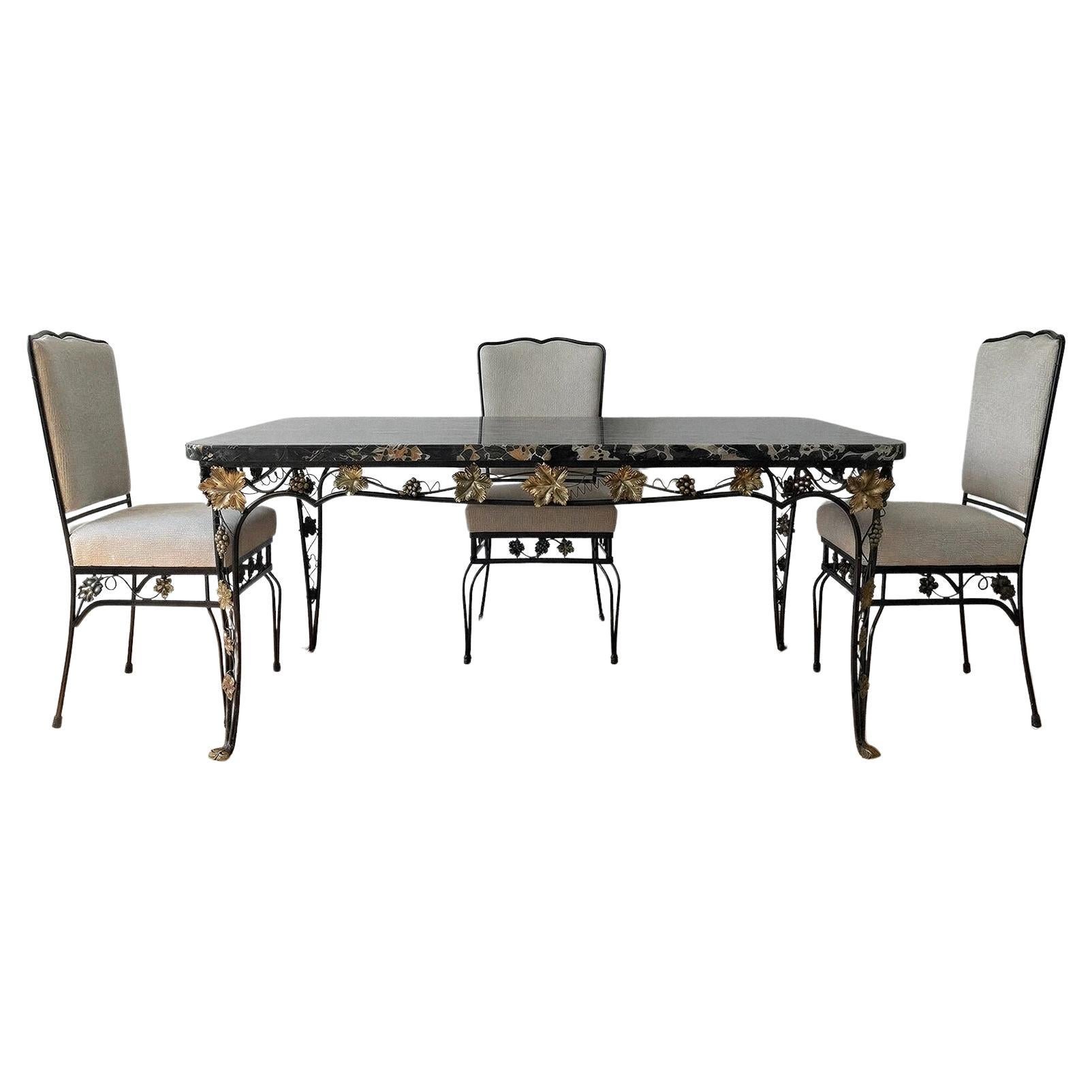 Important French Art Deco Wrought Iron 
Marble Dining Set Attri. Edgar Brandt For Sale