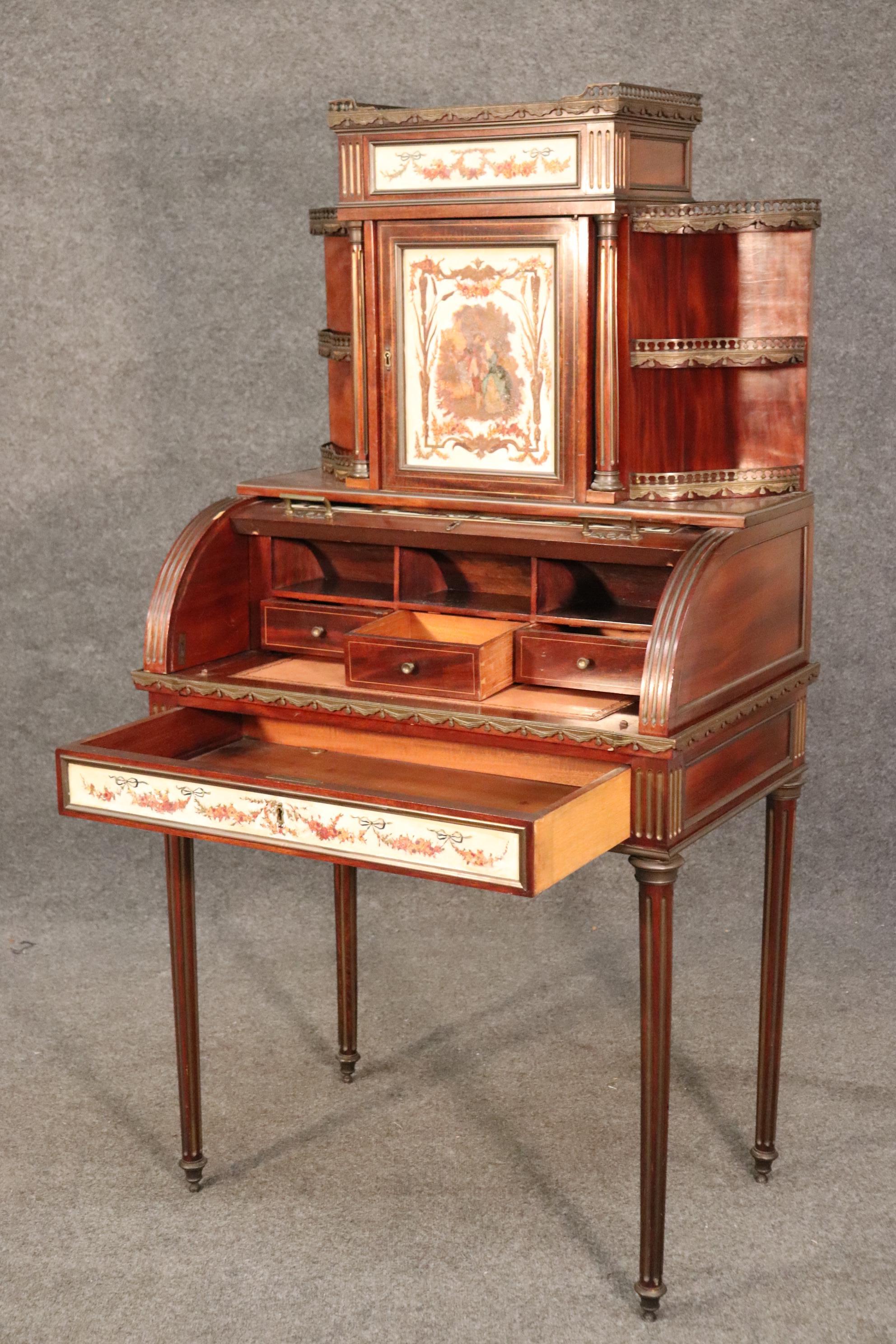 Louis XVI Important French Brass Inlaid Paint Decorated Rolltop Ladies Writing Desk For Sale