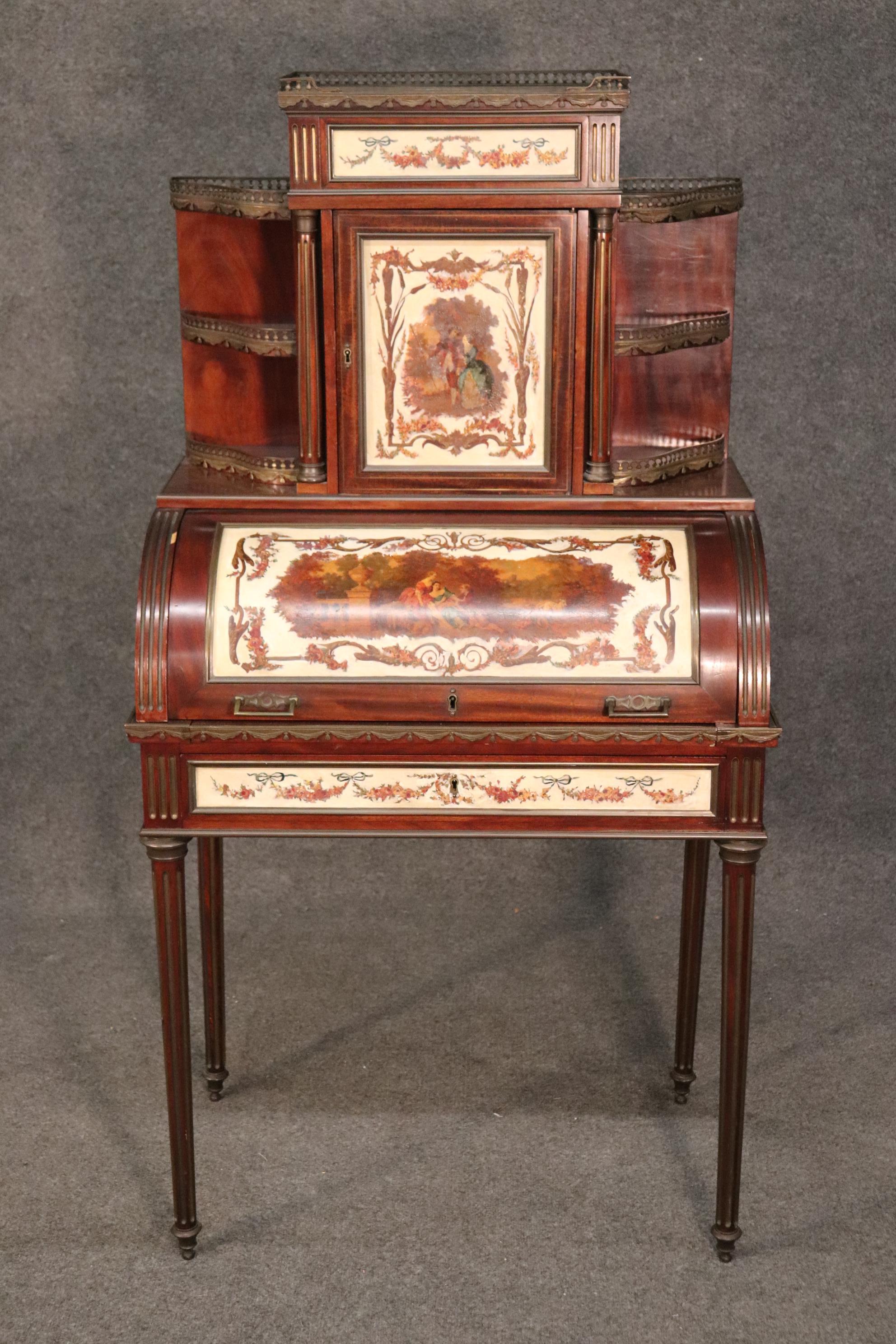 Important French Brass Inlaid Paint Decorated Rolltop Ladies Writing Desk In Good Condition For Sale In Swedesboro, NJ