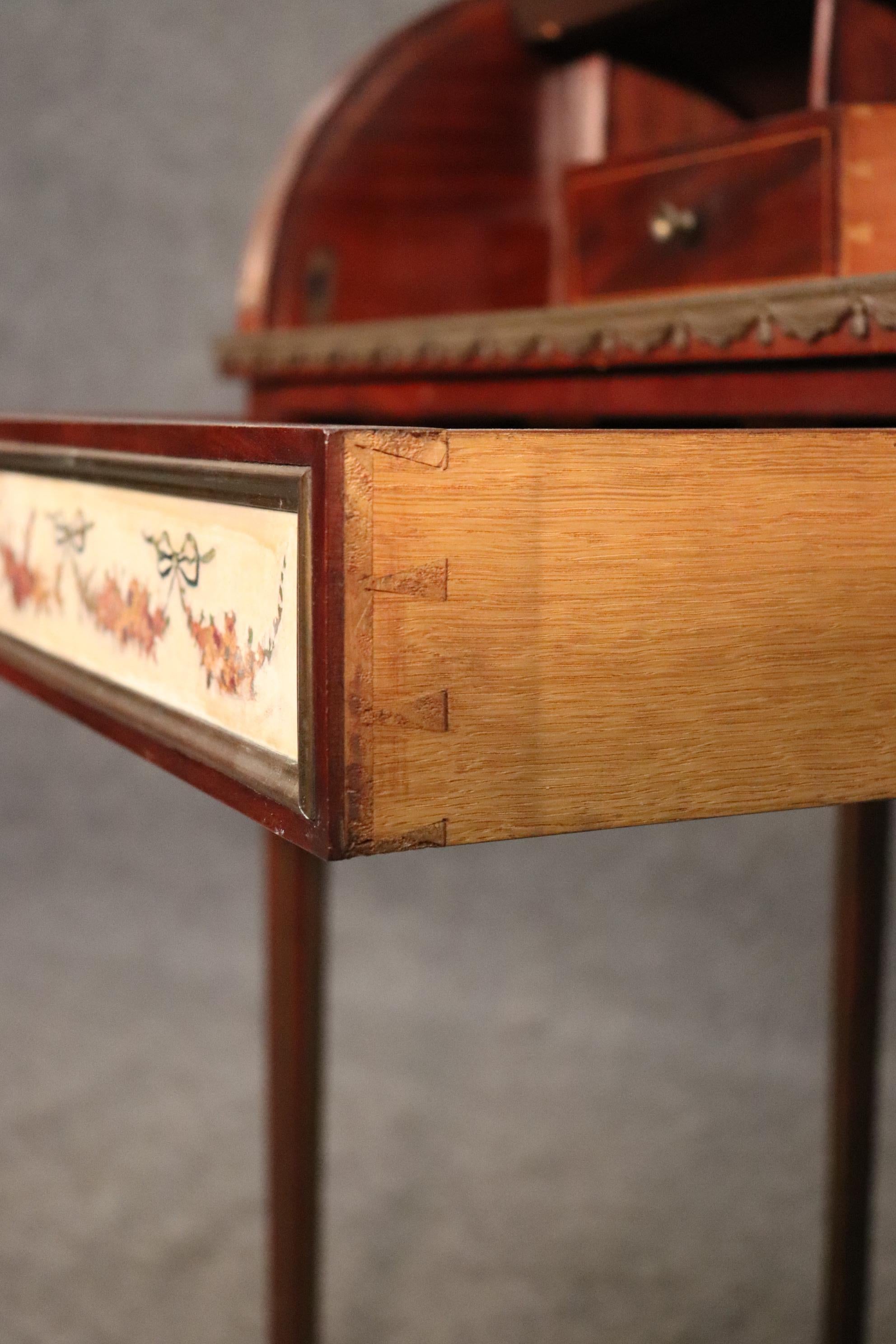 Important French Brass Inlaid Paint Decorated Rolltop Ladies Writing Desk For Sale 3