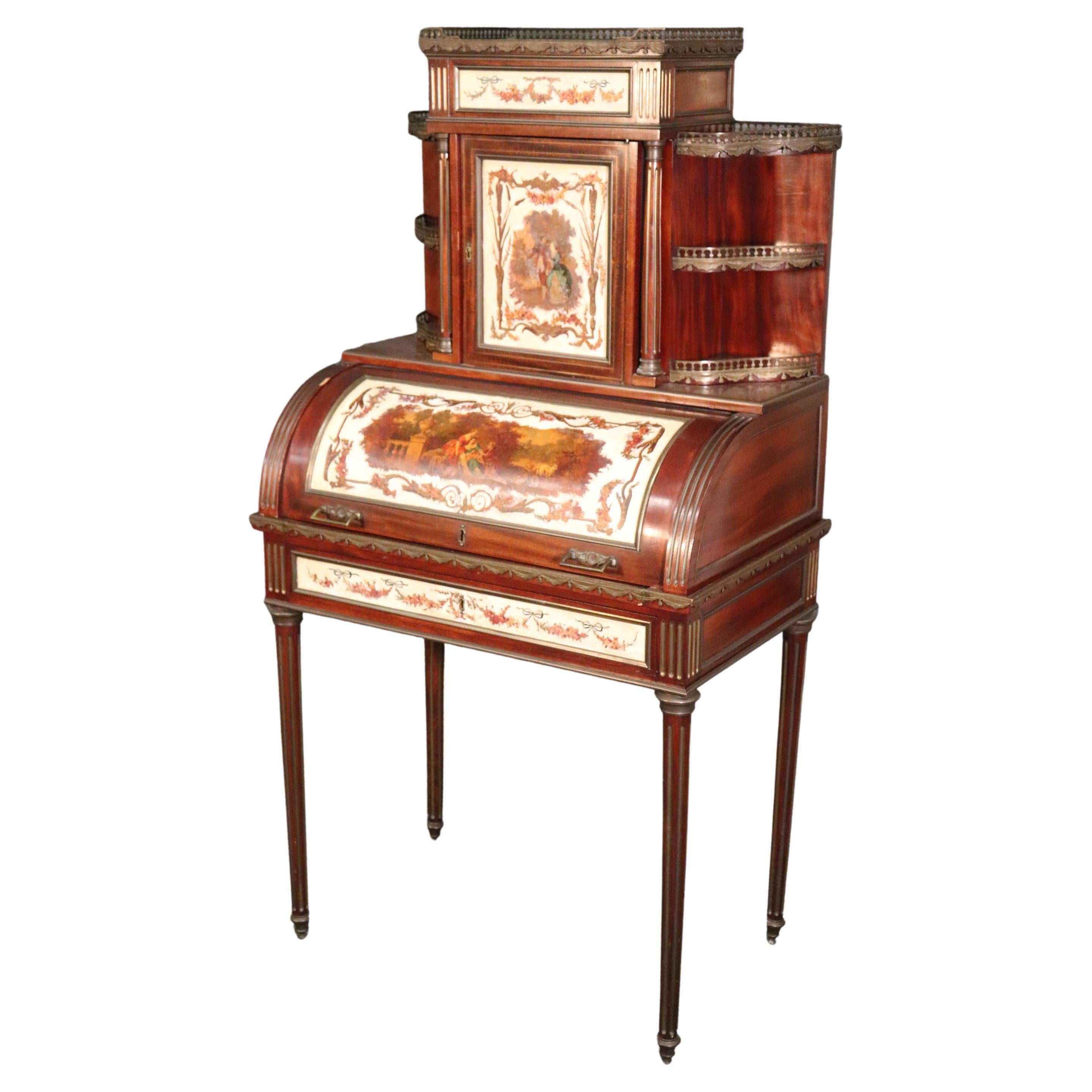 Important French Brass Inlaid Paint Decorated Rolltop Ladies Writing Desk For Sale