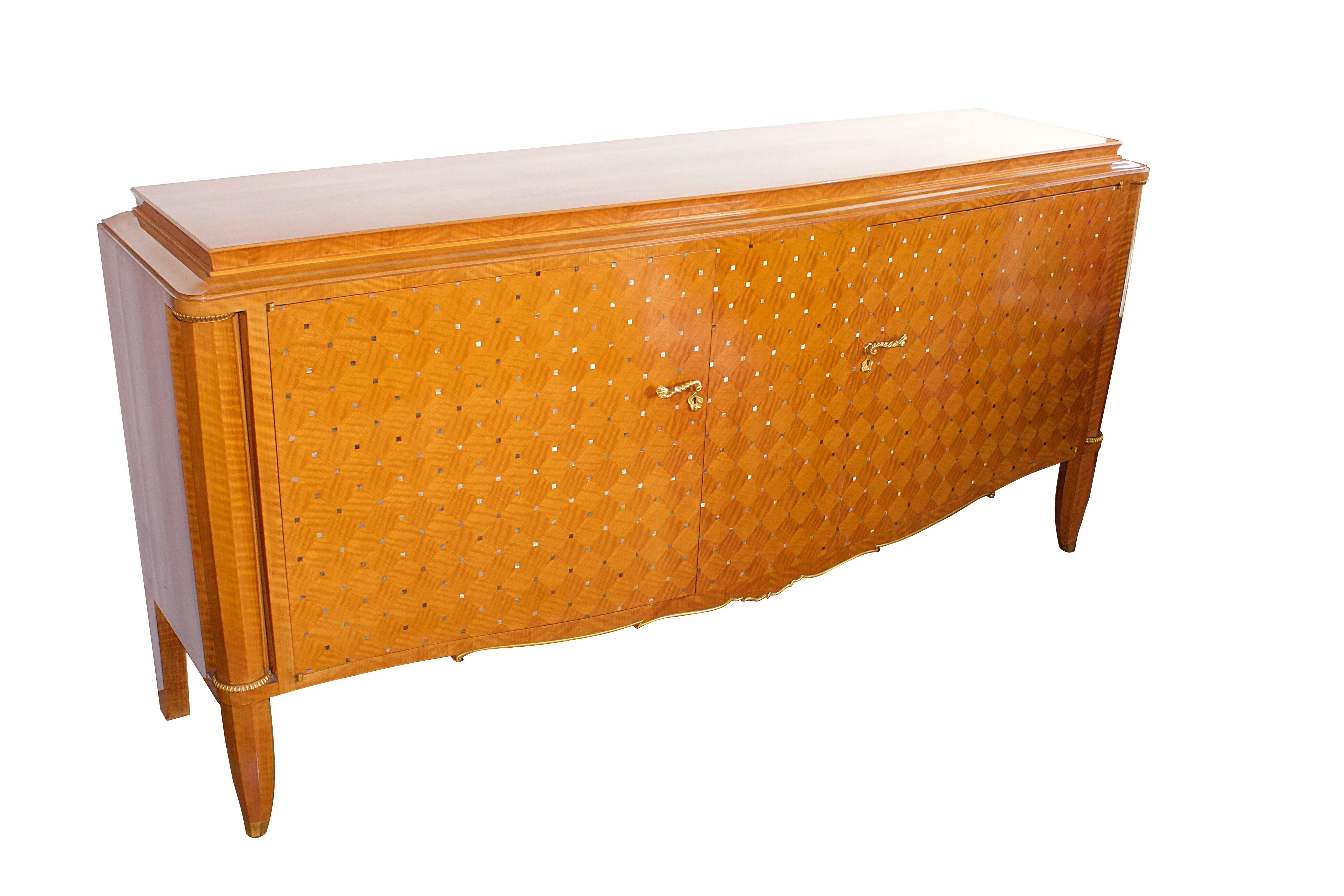Important French bronze, walnut, parquetry & mother of pearl credenza, Jules Leleu.