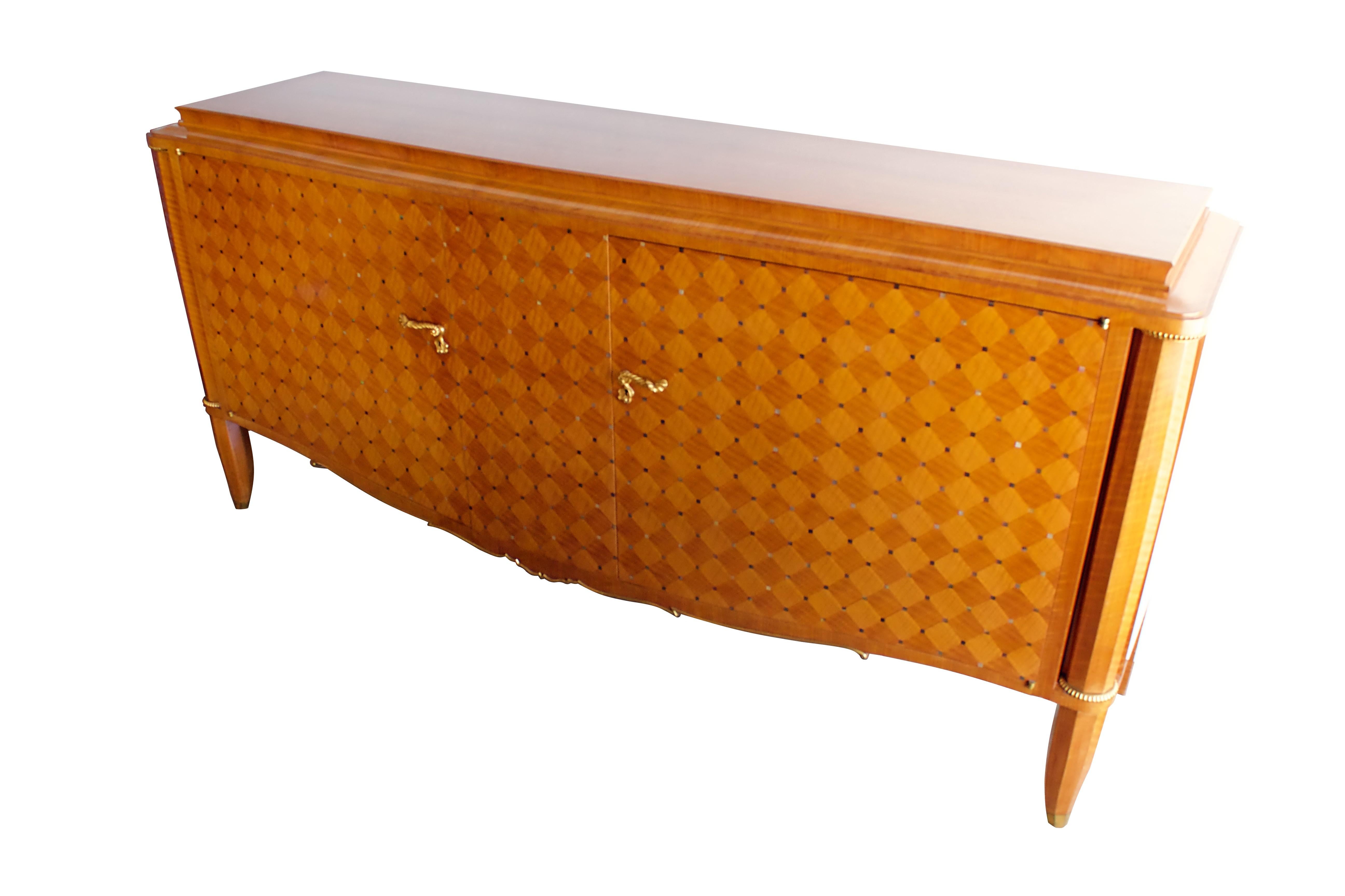 Important French Bronze, Walnut, Parquetry & Mother of Pearl Credenza, Jules Leleu In Good Condition In Hollywood, FL