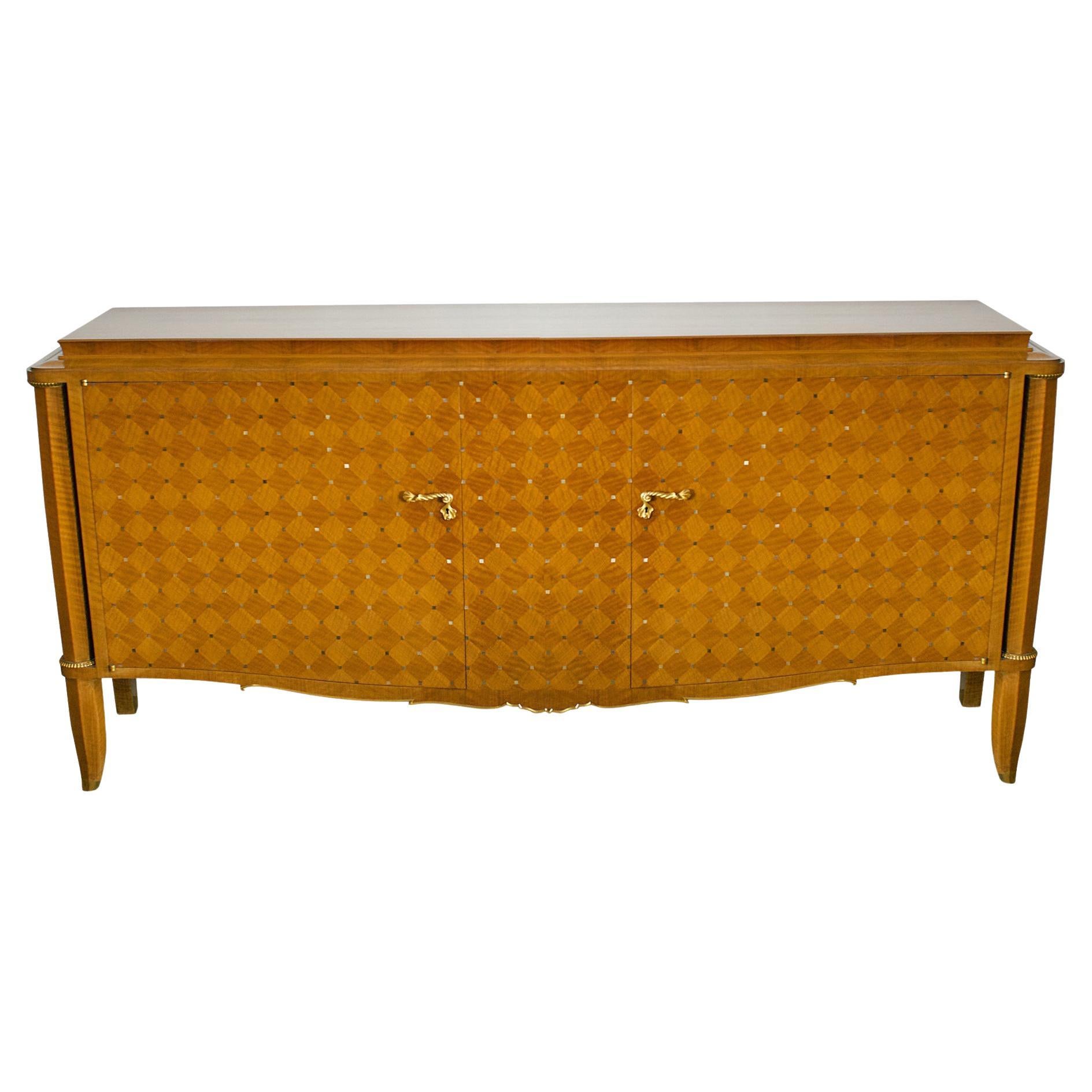 Important French Bronze, Walnut, Parquetry & Mother of Pearl Credenza, Jules Leleu
