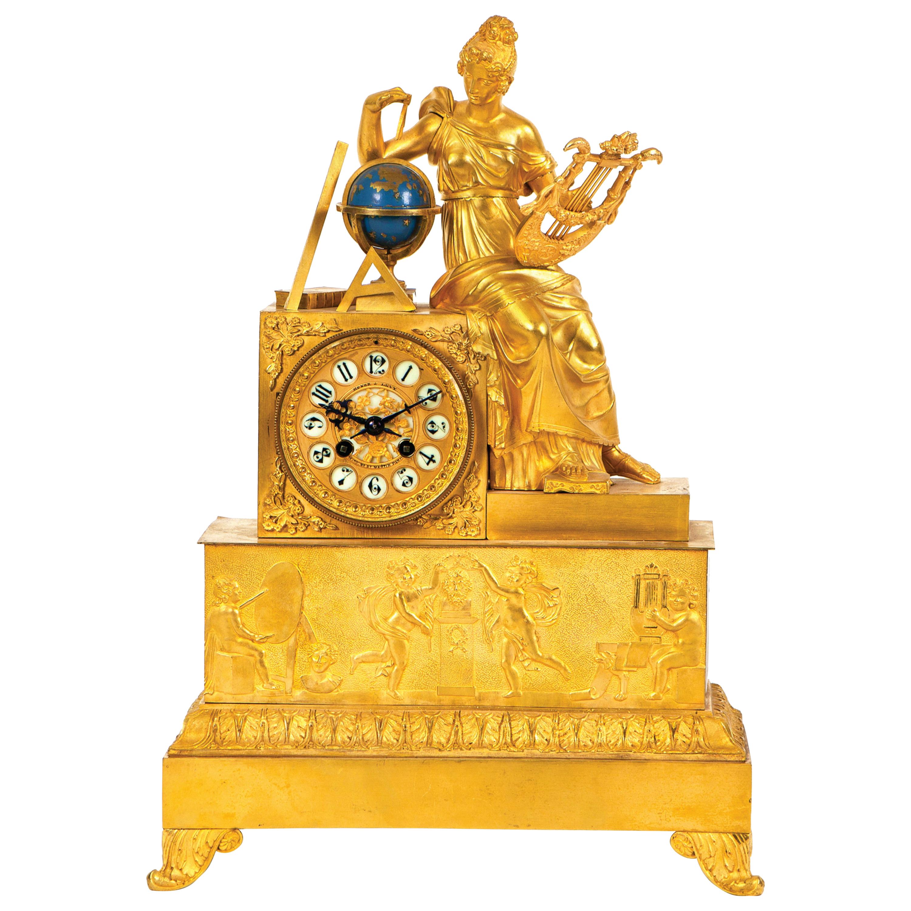 Important French Empire Table Clock "Lady with Harp" Sign For Sale