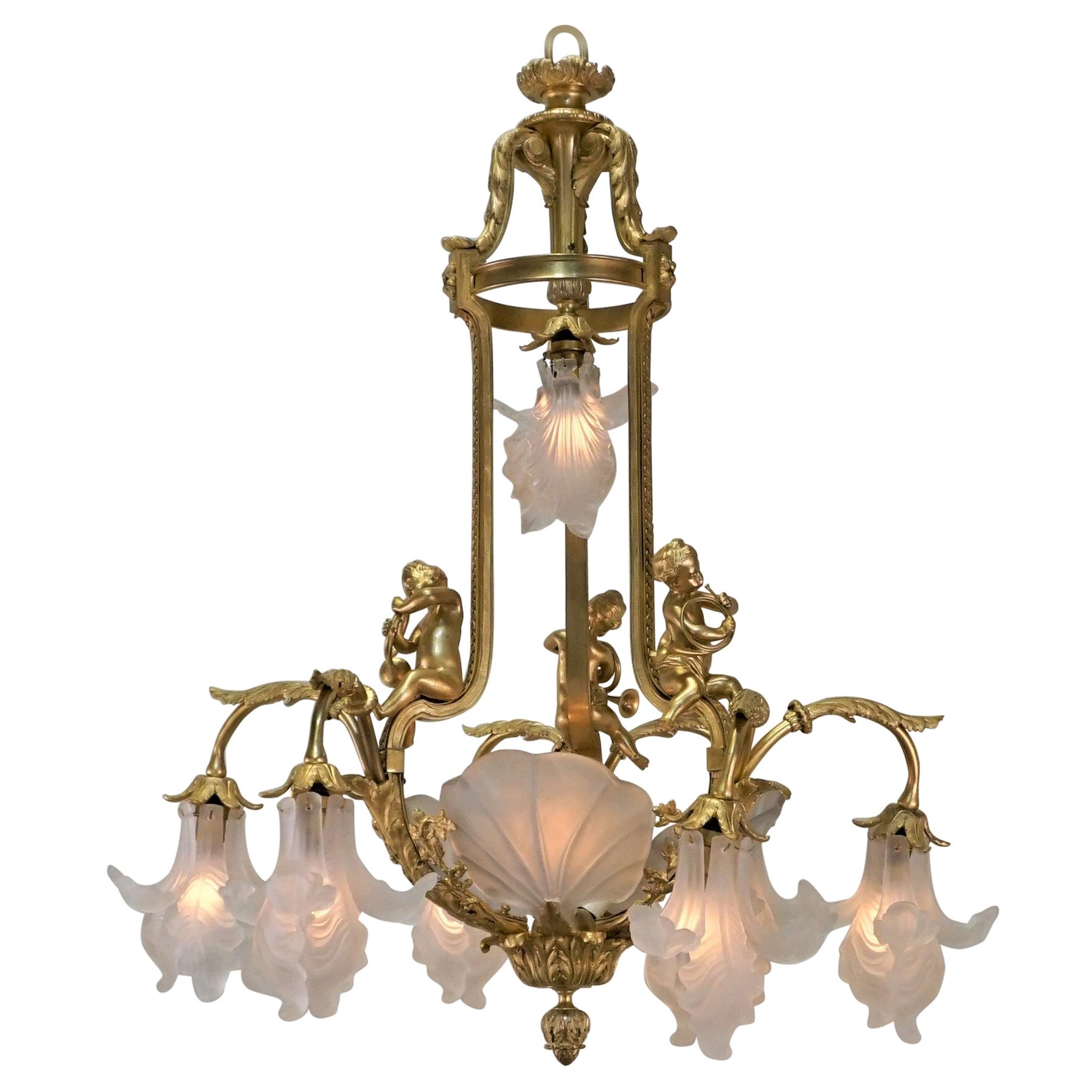 Important French Gilt Bronze Chandelier, Early 20th Century by E. Mottheau