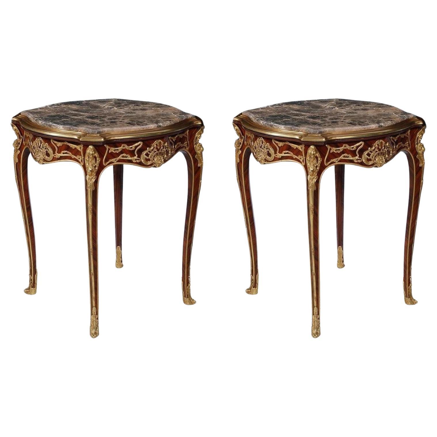  Important French Louis XVI Style Gilt Bronze Mahogany Marble Top End Tables For Sale