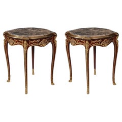  Important French Louis XVI Style Gilt Bronze Mahogany Marble Top End Tables