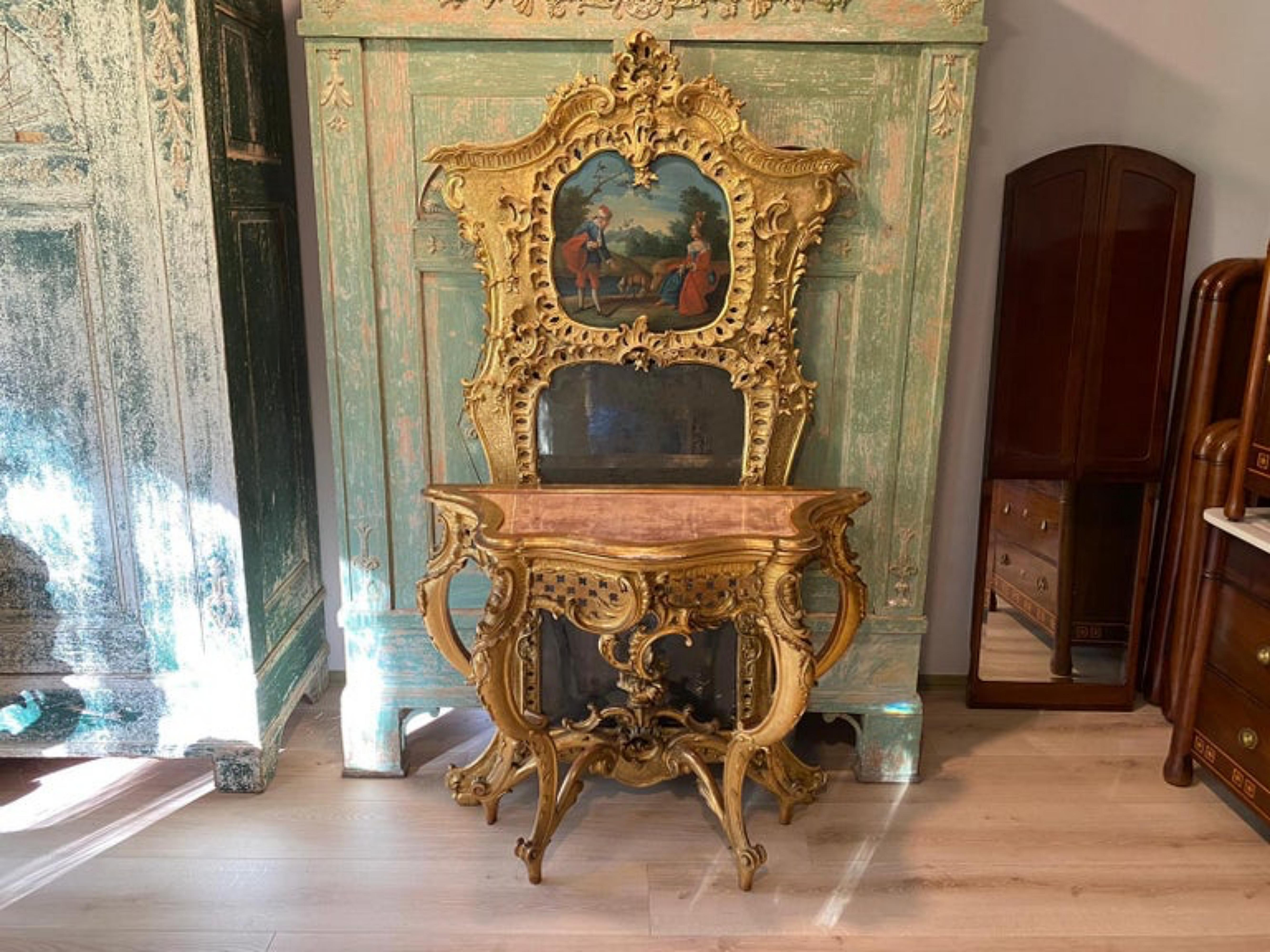 Bois Important miroir et console français de 1760/70 du 18ème siècle en vente