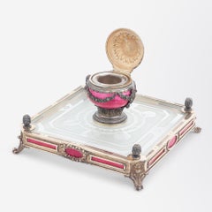 Important French Silver & Guilloche Enamel Inkwell by Edouard Henry Dreyfous