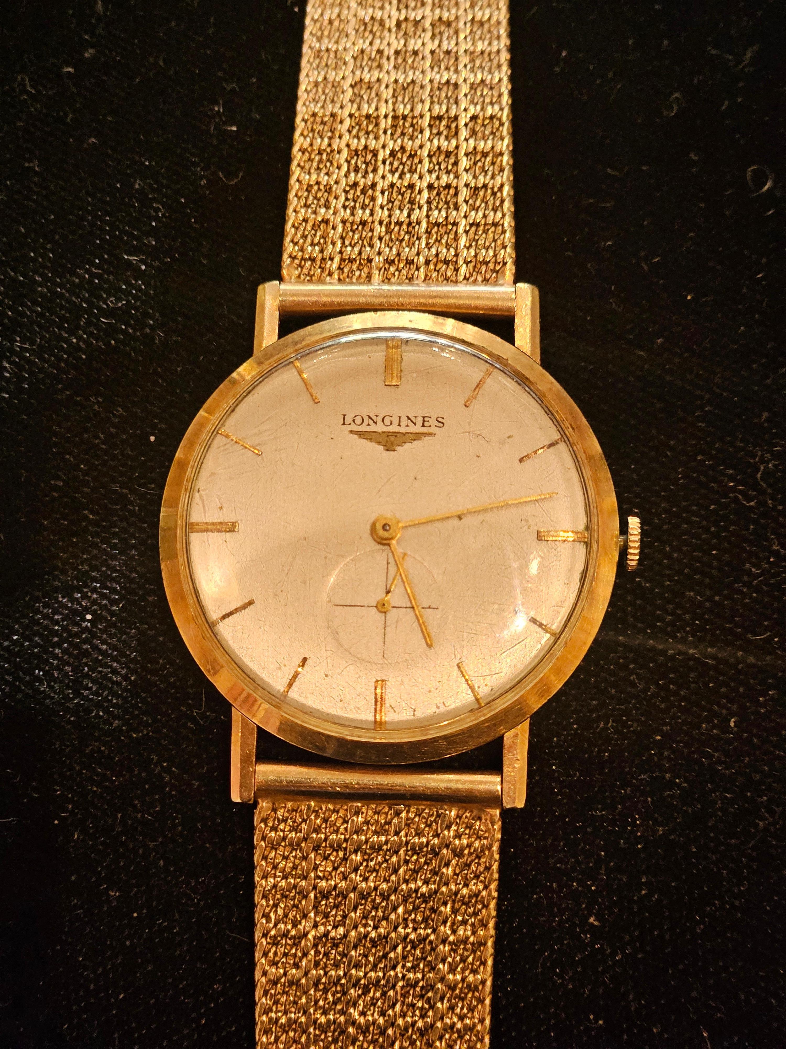 Important French Swiss 14KT Gold Longines Automatic Watch with 14KT Gold Band For Sale 1