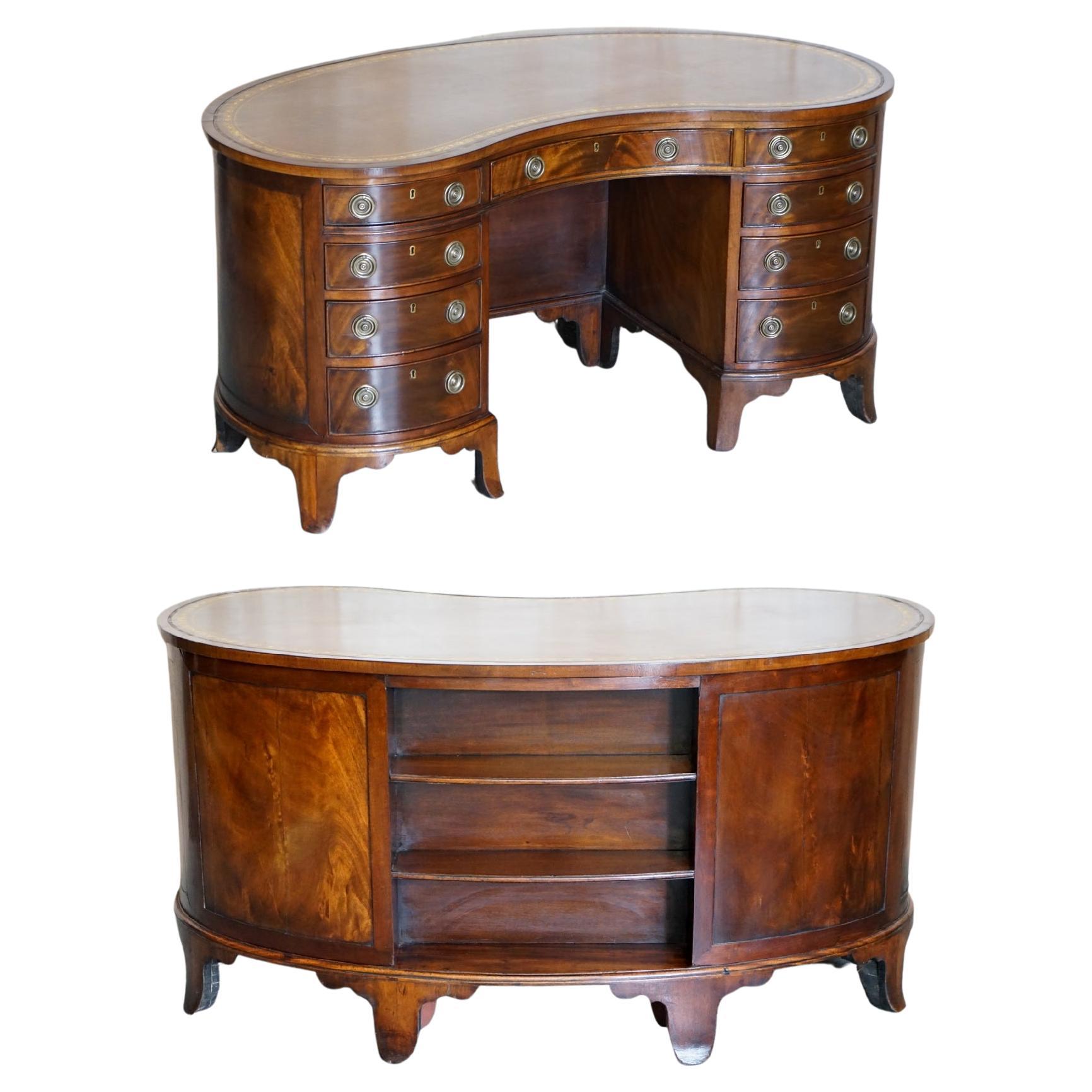Important Fully Restored Antique Victorian Bookcase Back Leather Top Kidney Desk For Sale