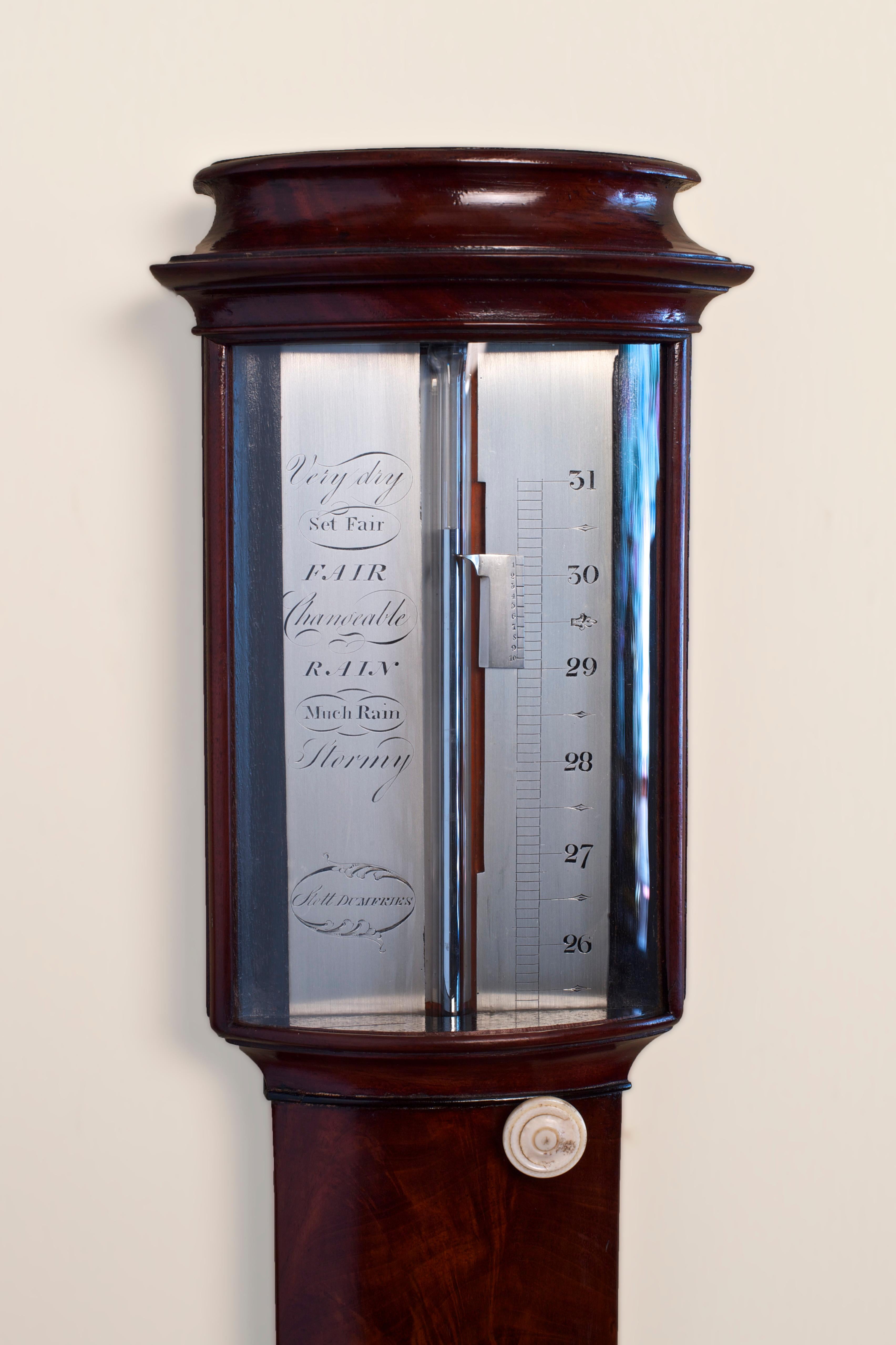 Fine Georgian mahogany bow fronted stick barometer. Bow fronted glass set in front of the silvered register plate with sliding vernier controlled by an ivory turned knob. Concertina boxwood portable cistern with beautiful urn cistern cover decorated