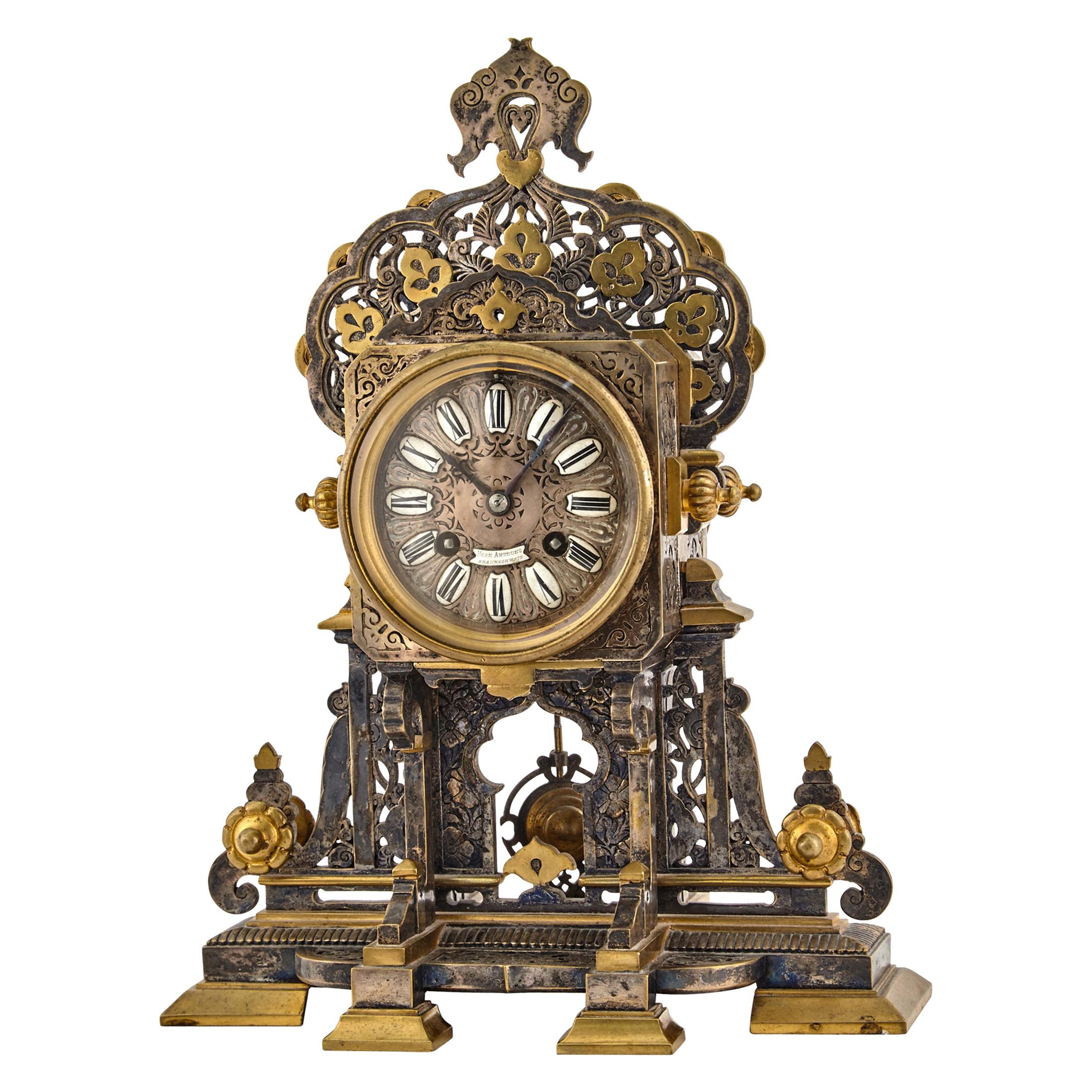 Important German Gilt and Silvered Bronze Mantel Clock by Braunschweig For Sale