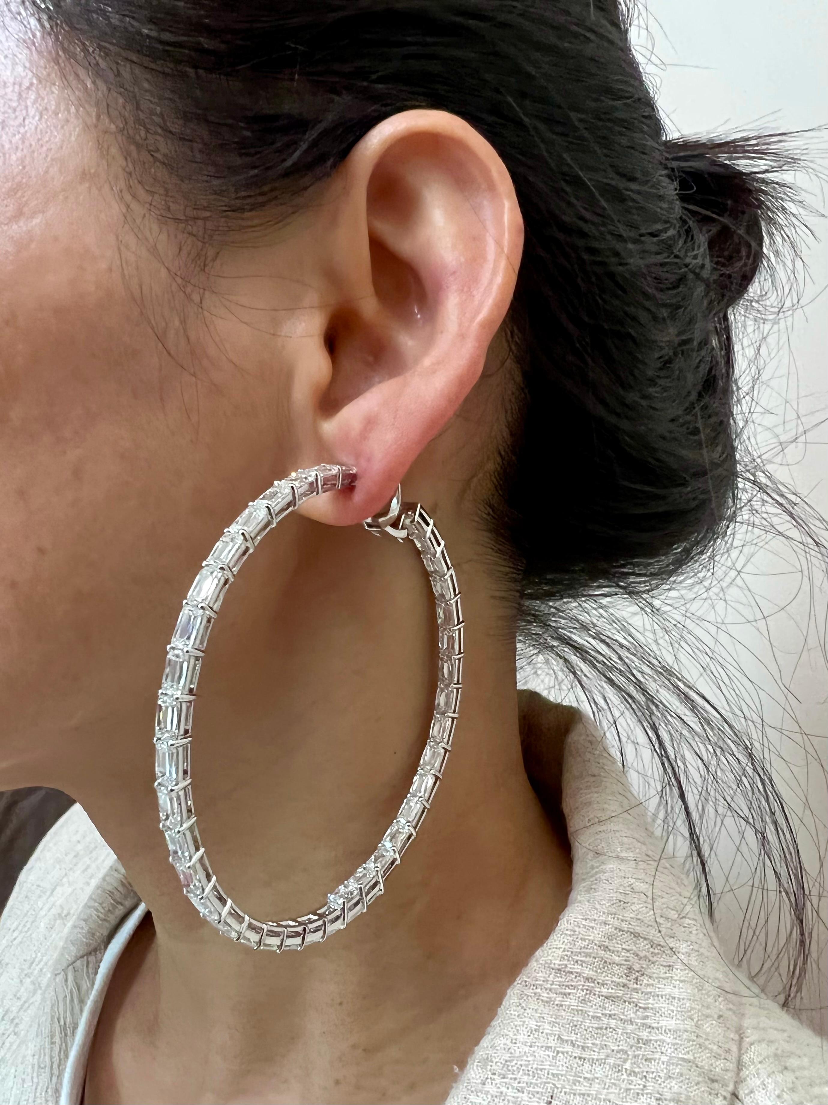 Please check out the HD video. This is a very special pair of diamond hoop earrings. It took a very long time to match and assemble these impressive earrings. 78 GIA certified Ashoka cut diamonds are mounted in this 18k white gold setting. There are