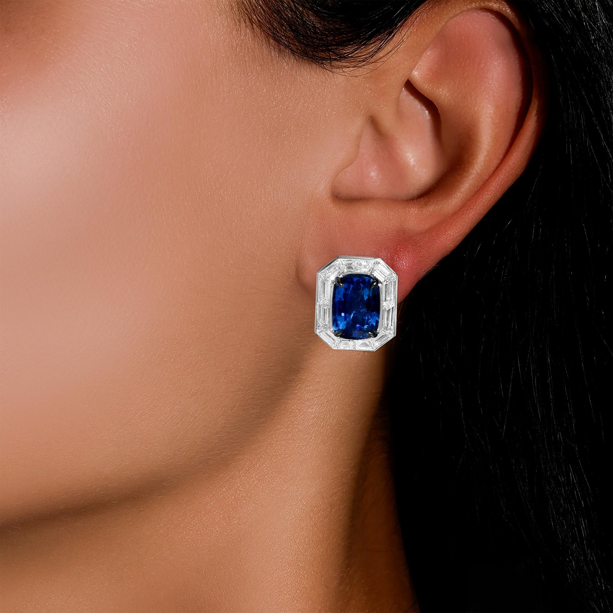 It comes with the GIA Certificate
All Gemstones are Natural
2 GIA Certified Blue Sapphires = 9.73 Carats
24 Baguette Cut Diamonds = 3.65 Carats
Metal: 18K White Gold