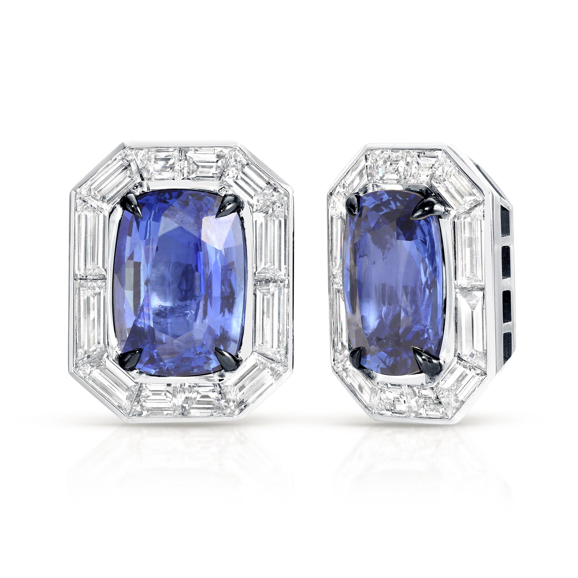 Cushion Cut Important GIA Certified Blue Sapphire Stud Earrings Diamond Halo 13.3 Carats Tot For Sale