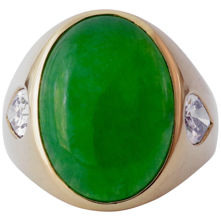 1960's GIA Certified Men's Jade Ring with Diamonds For Sale at 1stdibs