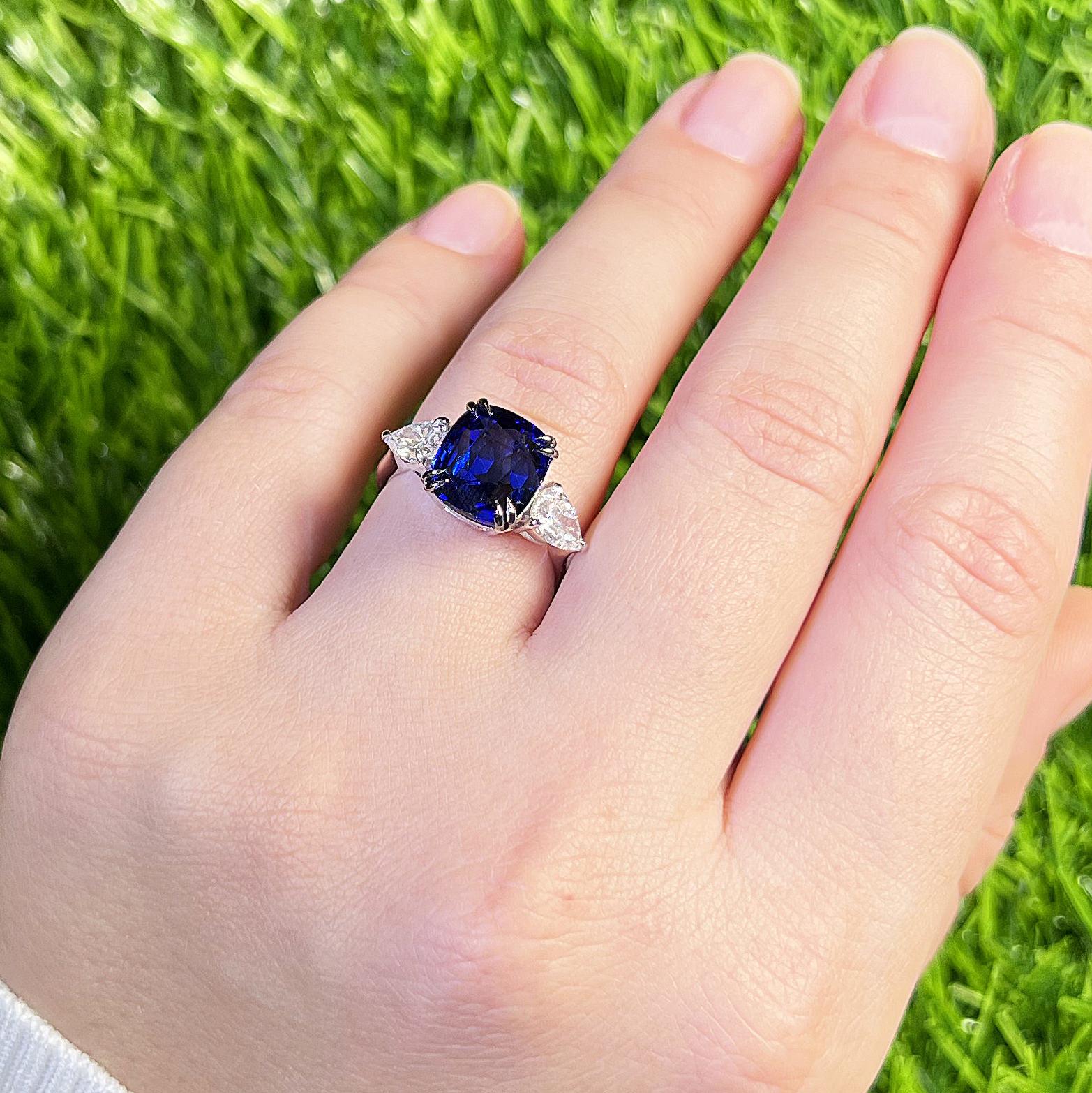 It comes with the GIA Laboratory Certificate
GIA Certified Natural Sapphire = 5.01 Carats
2 Pear Diamonds = 1.01 Carats
All Gemstones are Natural
Metal: 18K White Gold
Ring Size: 6.25* US
*It can be resized complimentary