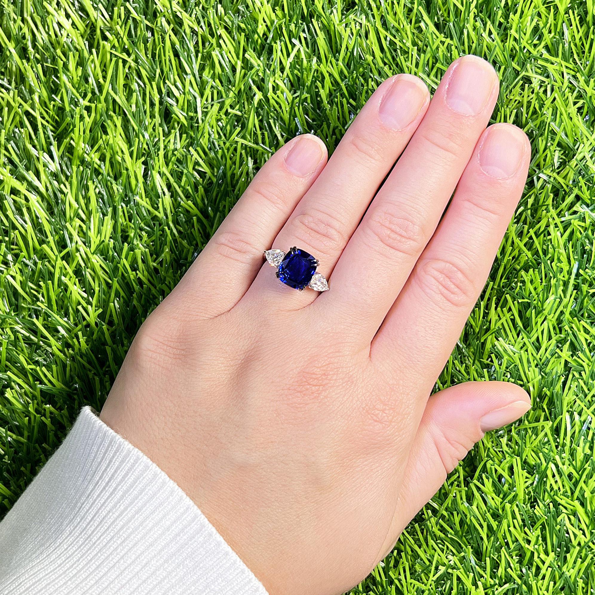 Cushion Cut Important GIA Certified Natural Blue Sapphire Ring Pear Diamonds 6.02 Carats 18K For Sale