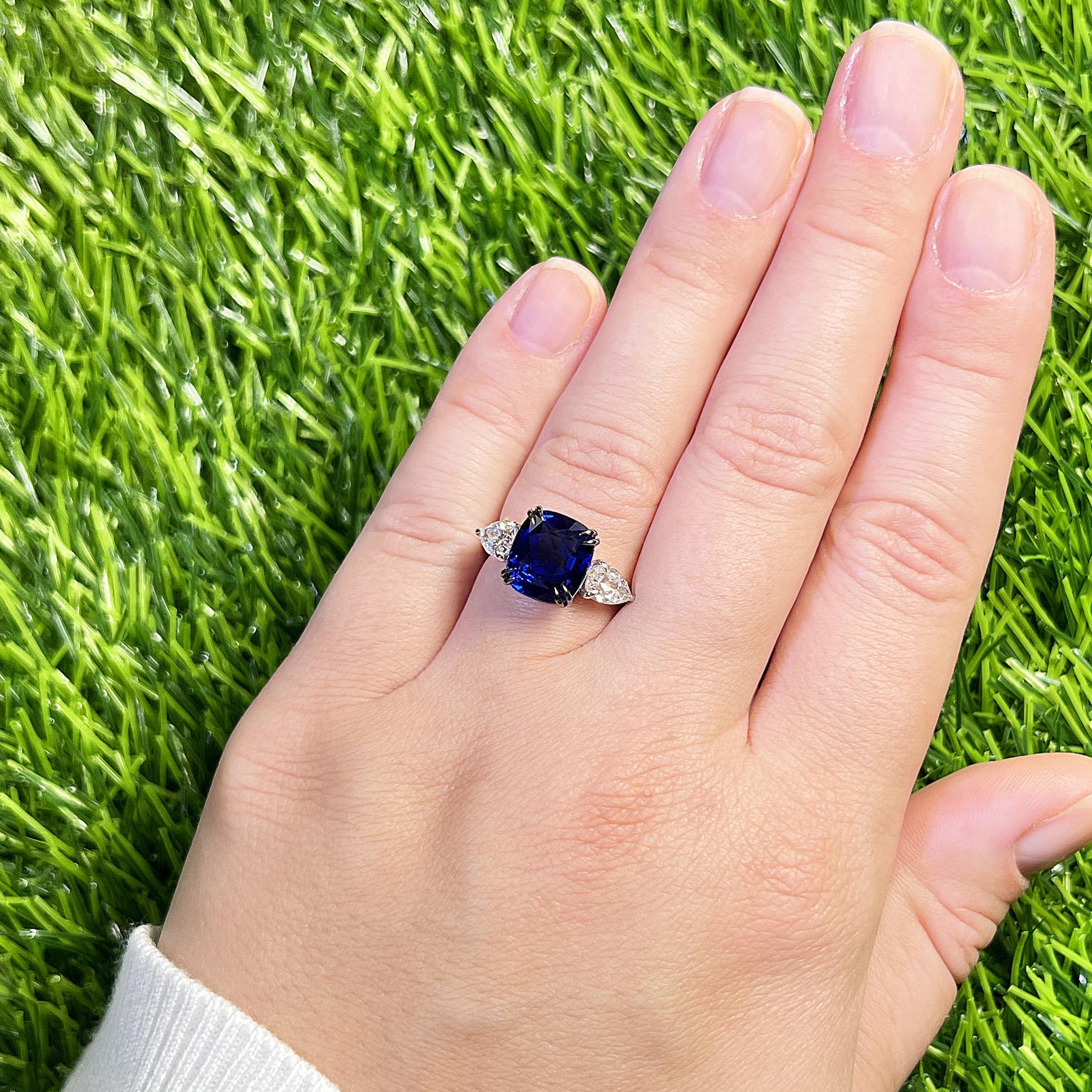 Important GIA Certified Natural Blue Sapphire Ring Pear Diamonds 6.02 Carats 18K In Excellent Condition For Sale In Laguna Niguel, CA