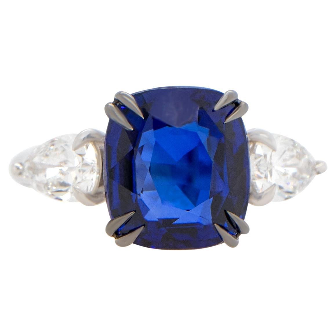 Important GIA Certified Natural Blue Sapphire Ring Pear Diamonds 6.02 Carats 18K For Sale