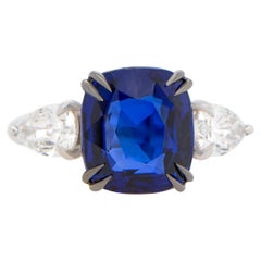 Important GIA Certified Natural Blue Sapphire Ring Pear Diamonds 6.02 Carats 18K