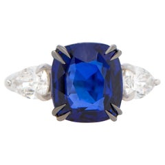 Important GIA Certified Natural Blue Sapphire Ring Pear Diamonds 6.02 Carats 18K