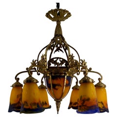 Antique Important gilded bronze and blown glass chandelier, Muller Frères, France, 1920