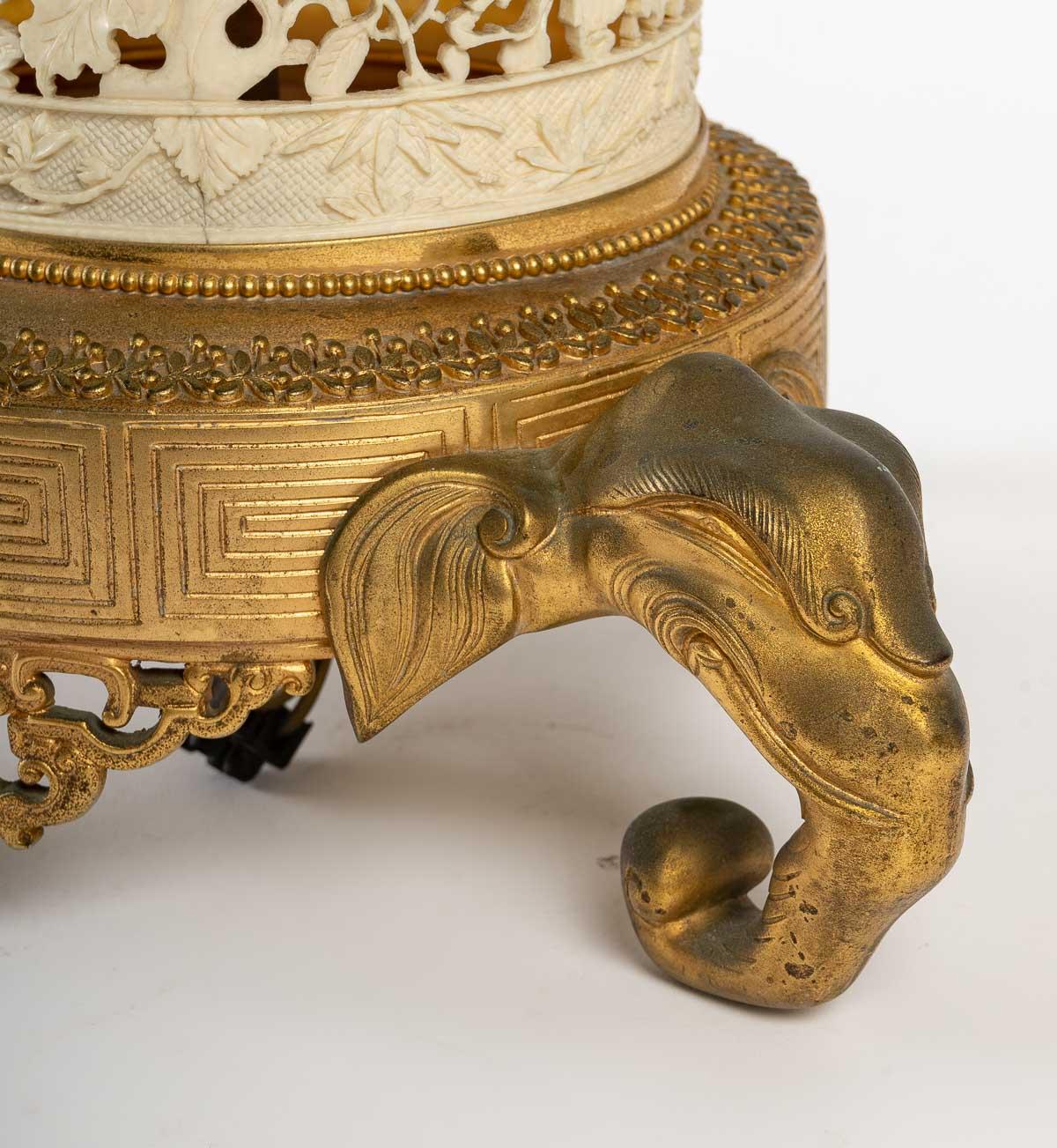 Chinese Important Gilt Bronze and Carved Ivory Lamp