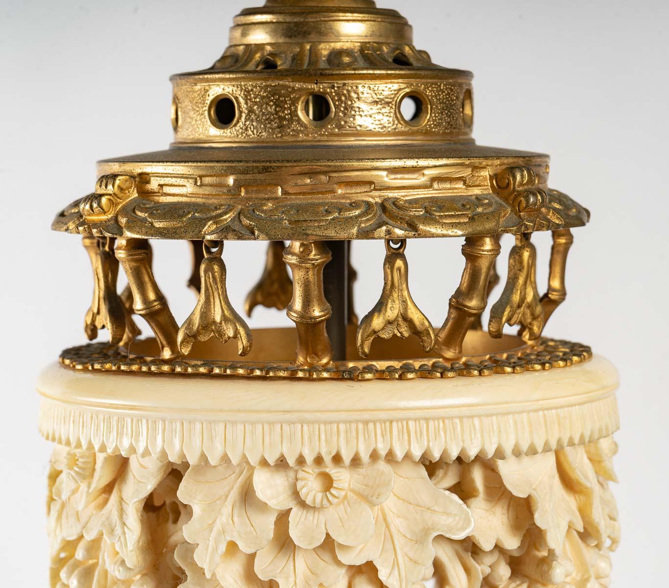 Late 19th Century Important Gilt Bronze and Carved Ivory Lamp