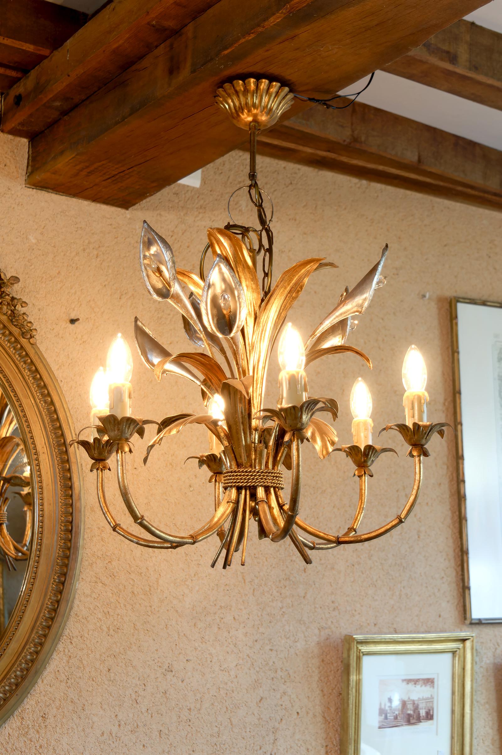 Italian Important Gilt  “Calla Lily” Chandelier by Hans Kögl, Hollywood Regency, 1970's For Sale