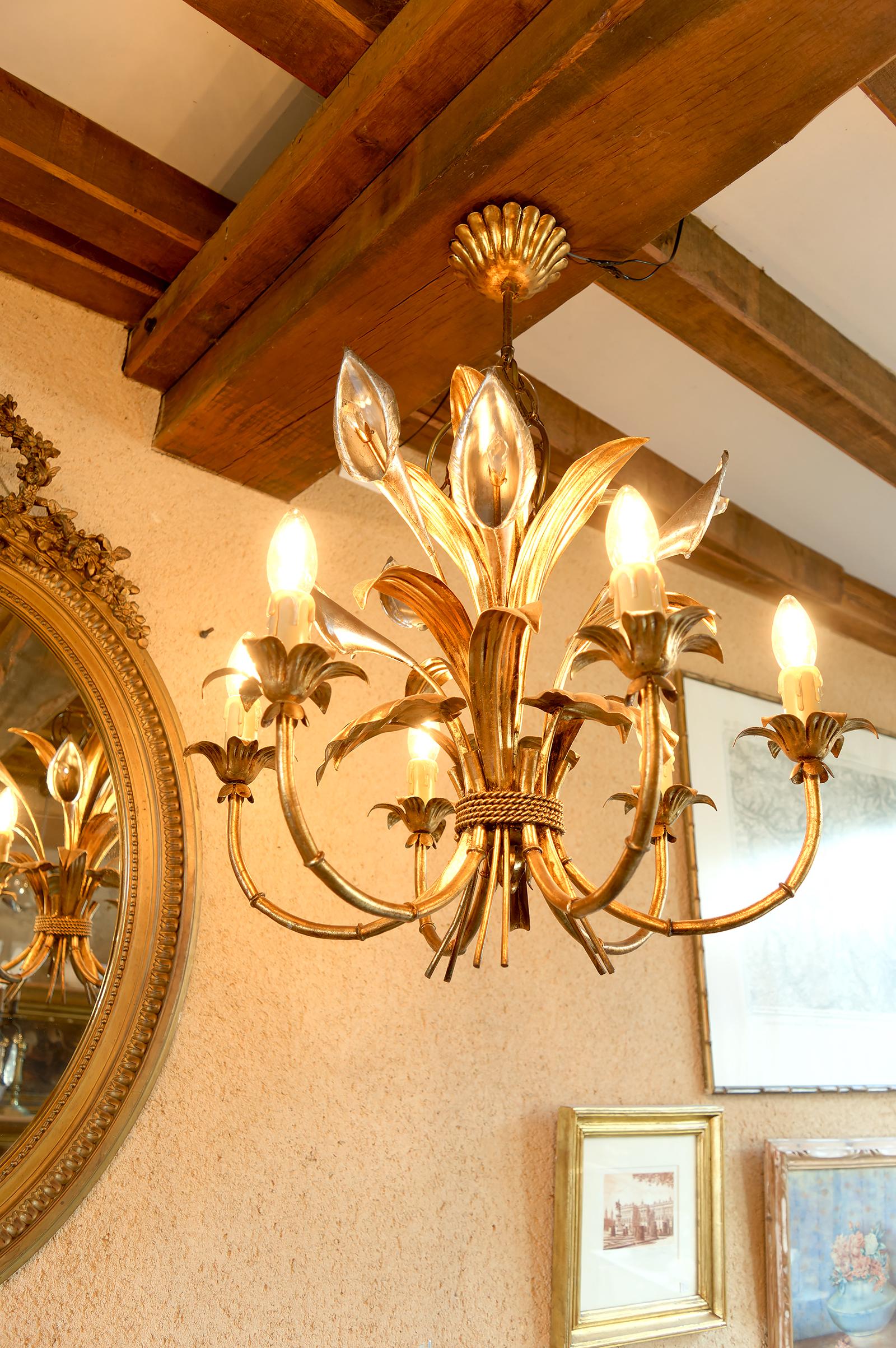 Late 20th Century Important Gilt  “Calla Lily” Chandelier by Hans Kögl, Hollywood Regency, 1970's For Sale