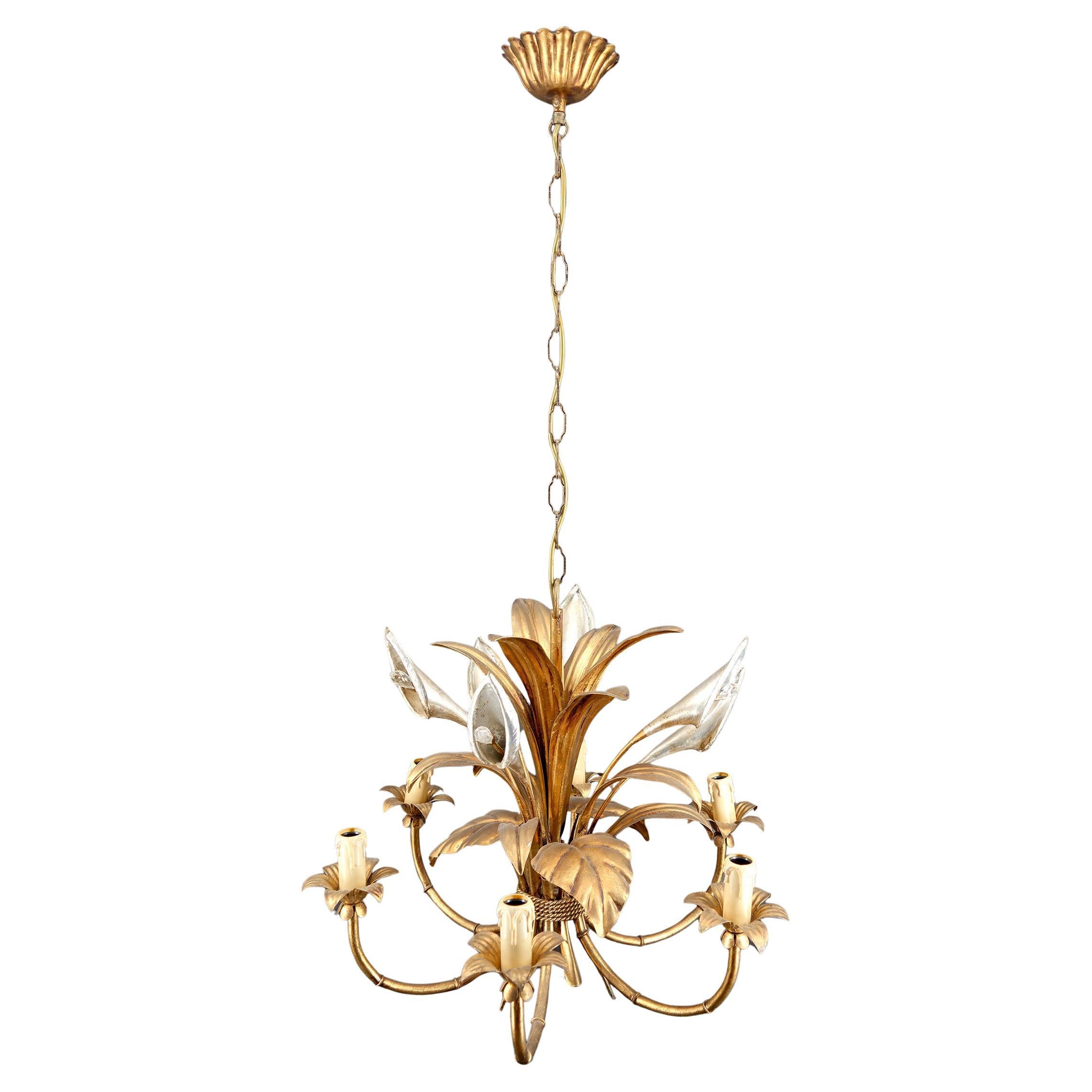Important Gilt  “Calla Lily” Chandelier by Hans Kögl, Hollywood Regency, 1970's For Sale