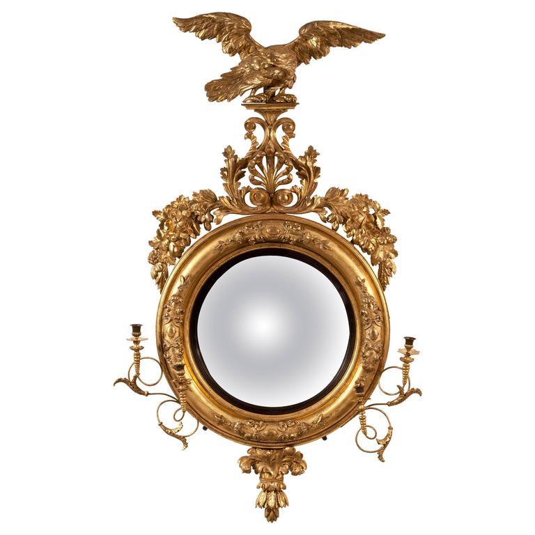 Regency Important Giltwood Convex Girandole Mirror For Sale