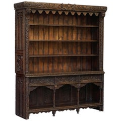 Antique Important Gothic Revival Using 17th Century Panels Bookcase Dresser Cherubs