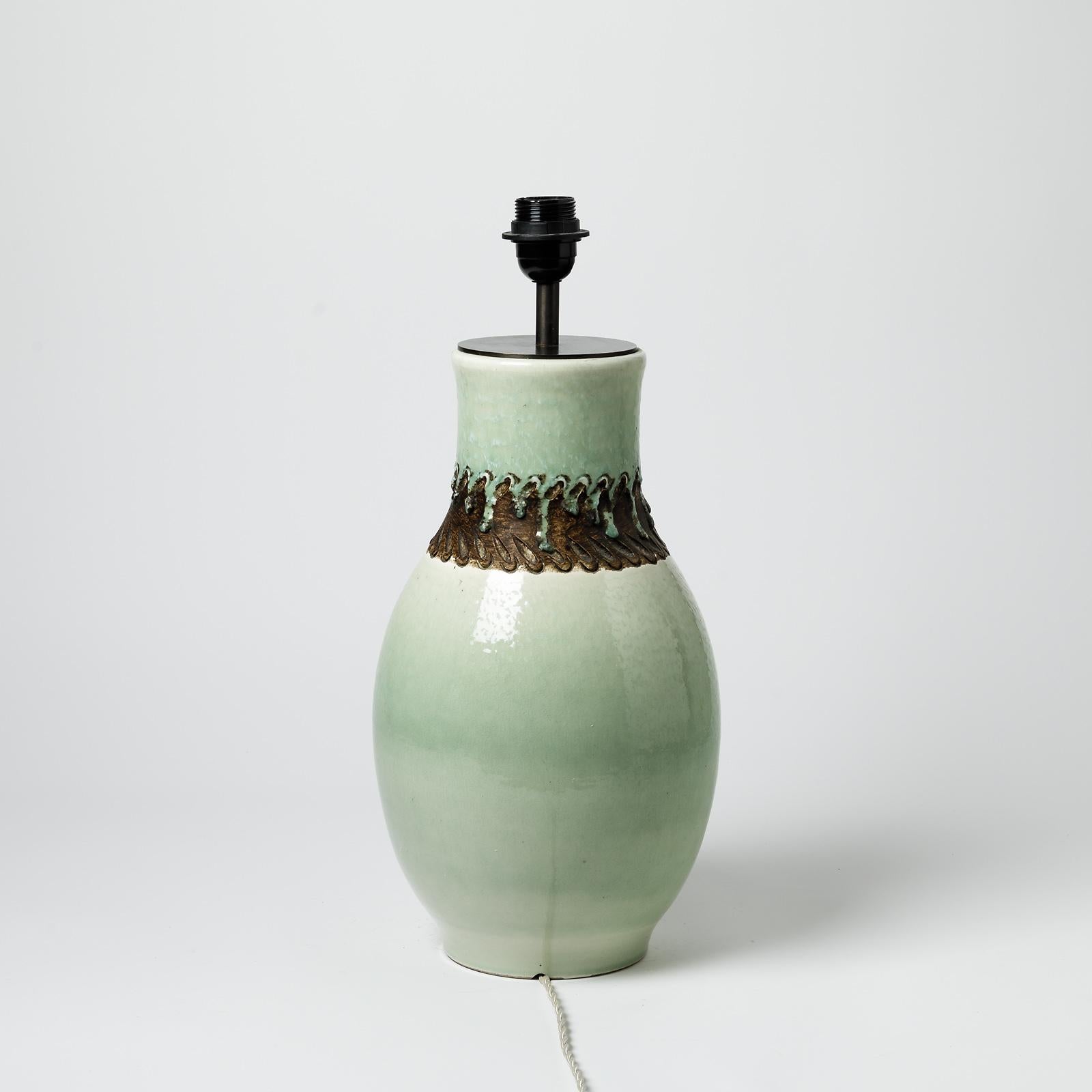 Art Deco Important green glazed ceramic table lamp by Pol Chambost, circa 1930-1940