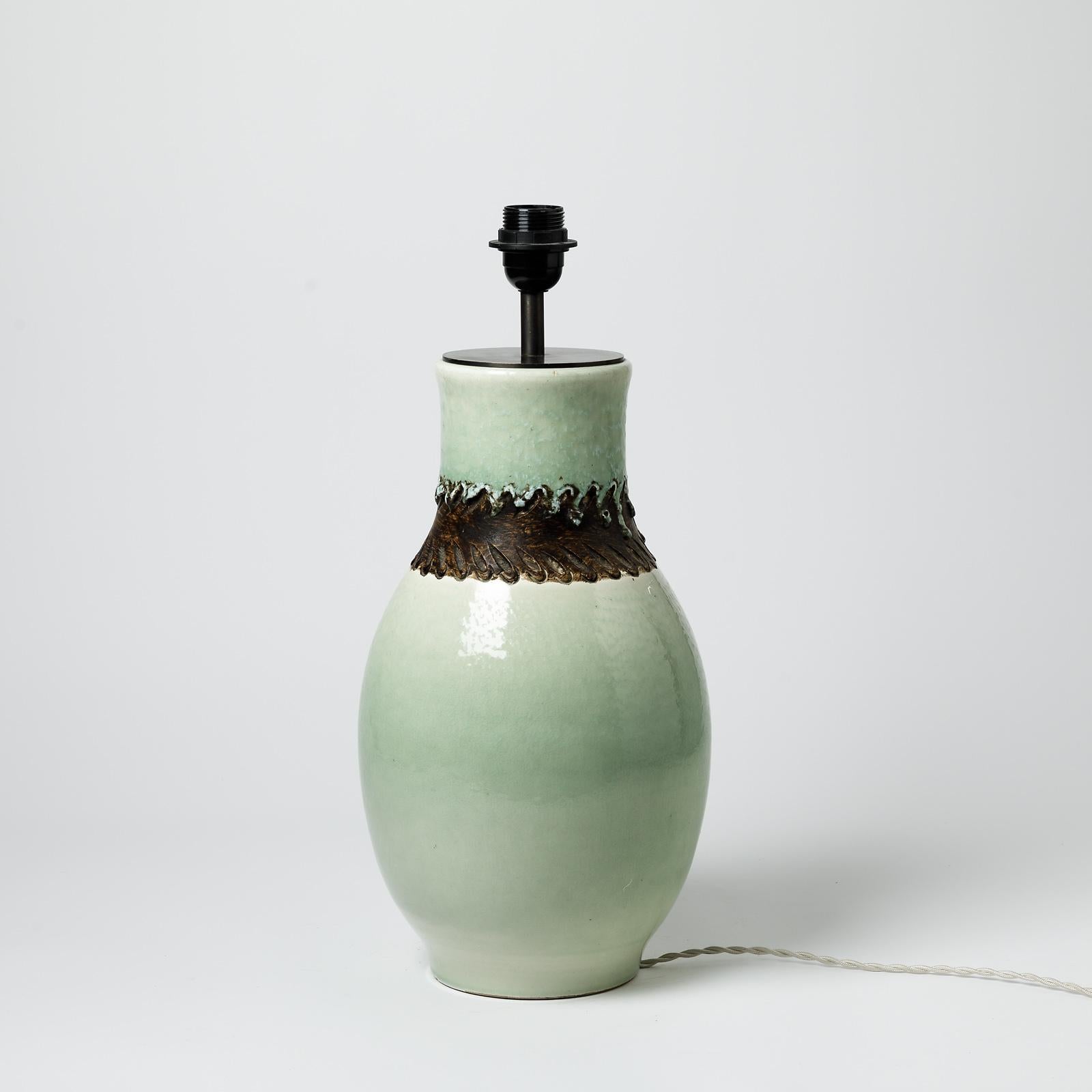 French Important green glazed ceramic table lamp by Pol Chambost, circa 1930-1940