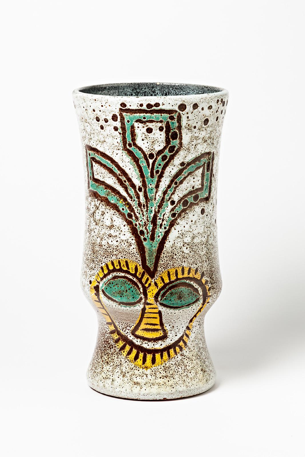 Mid-Century Modern Important Grey Accolay Ceramic Vase Visage Decoration French Pottery
