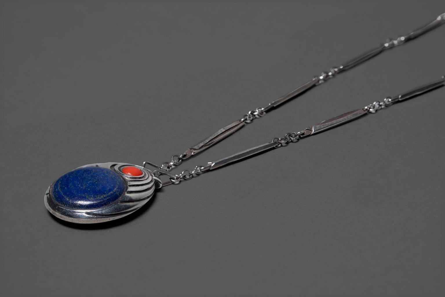 Mid-Century Modern Extremely RareHarry Bertoia Necklace Sterling Silver Lapis Coral ca. 1940 For Sale