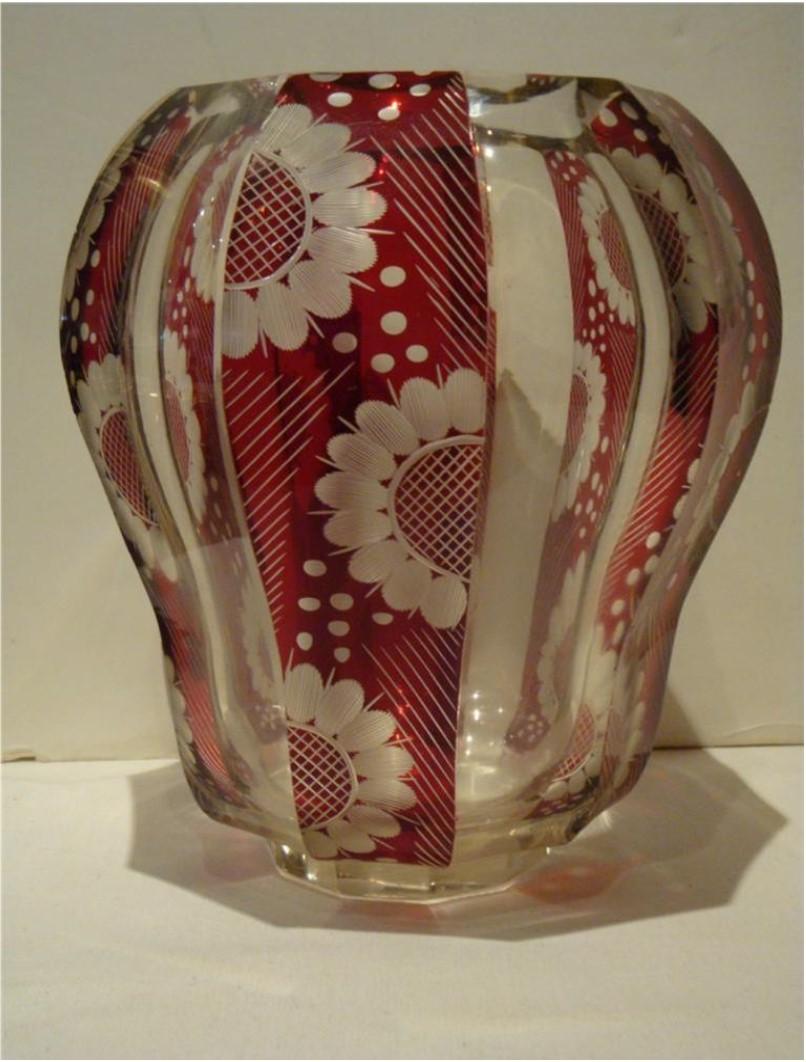 Important Heavy 19th C Moser French Glass Bohemian Ruby Red Stencil Floral Vase In Good Condition For Sale In New York, NY
