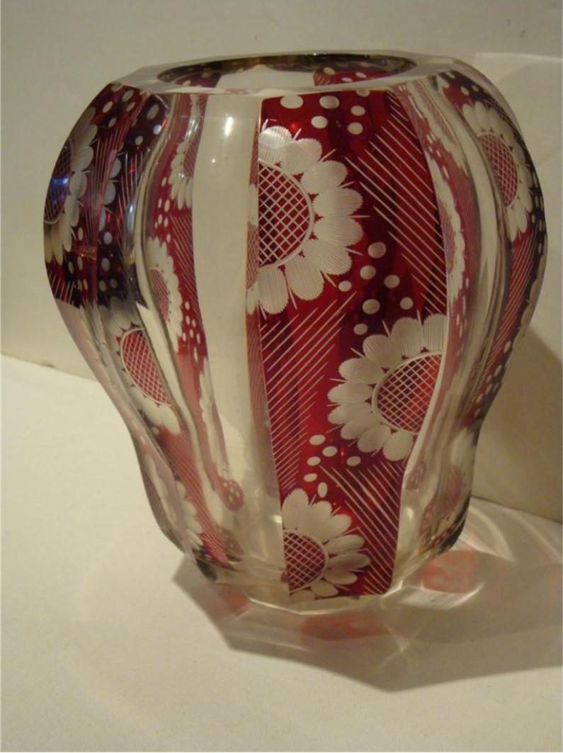 Important Heavy 19th C Moser French Glass Bohemian Ruby Red Stencil Floral Vase For Sale 1