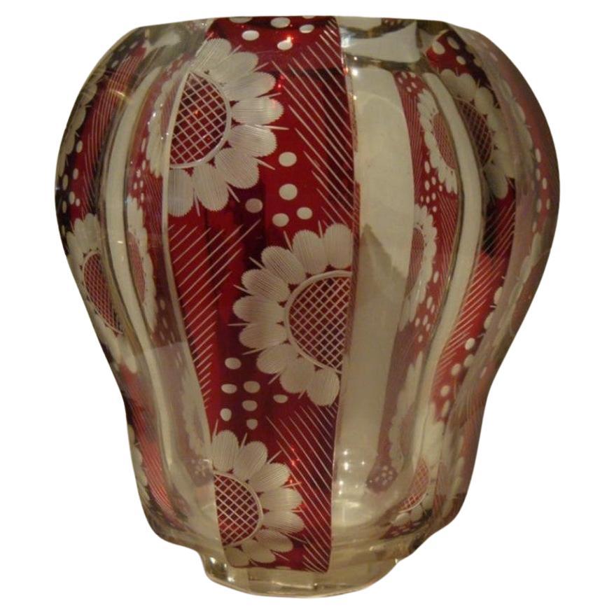 Important Heavy 19th C Moser French Glass Bohemian Ruby Red Stencil Floral Vase For Sale