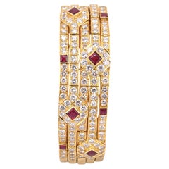 Important Heavy French 18K Gold Diamond & Ruby Bracelet 10 Carats