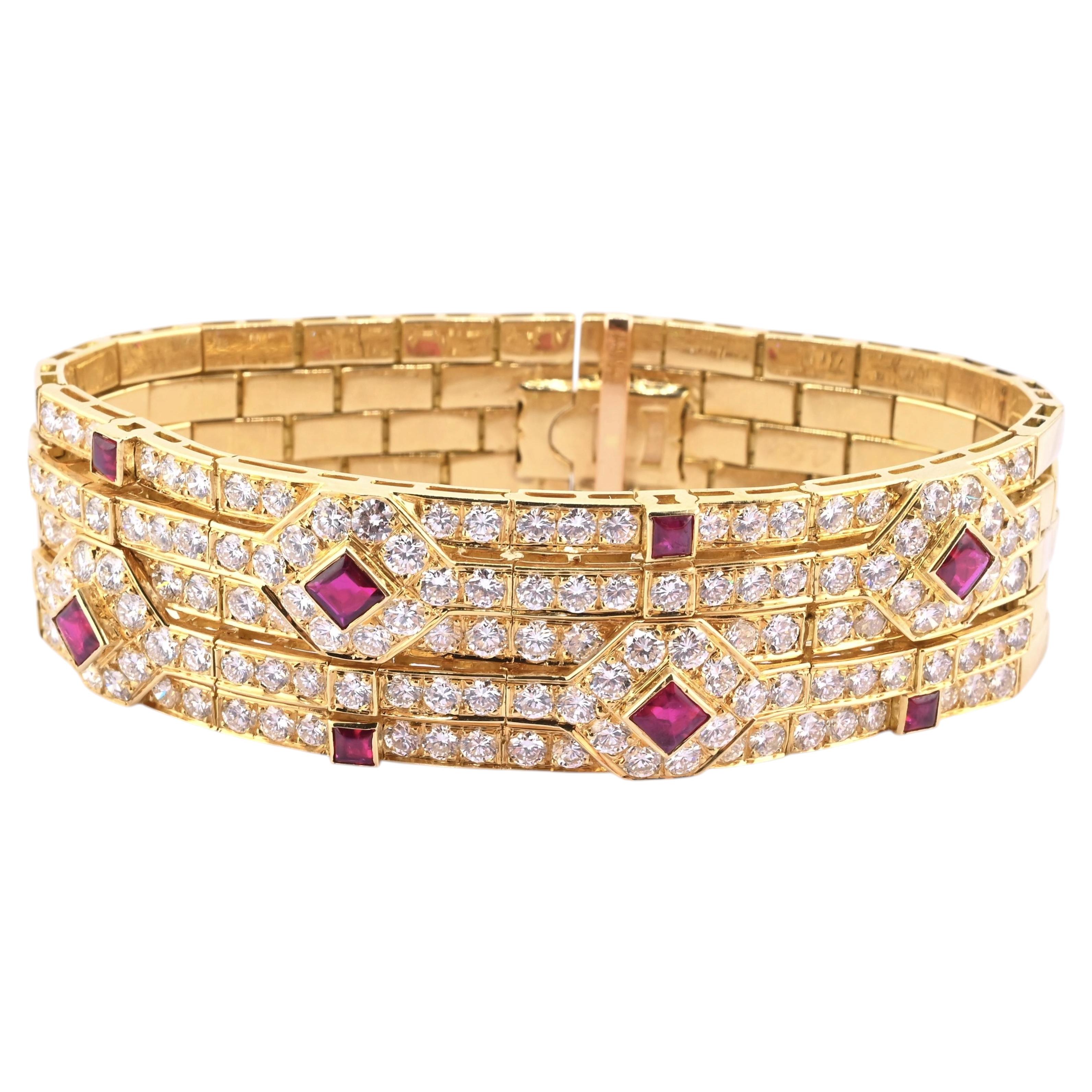 Important Heavy French 18K Gold Diamond & Ruby Bracelet 10 Carats