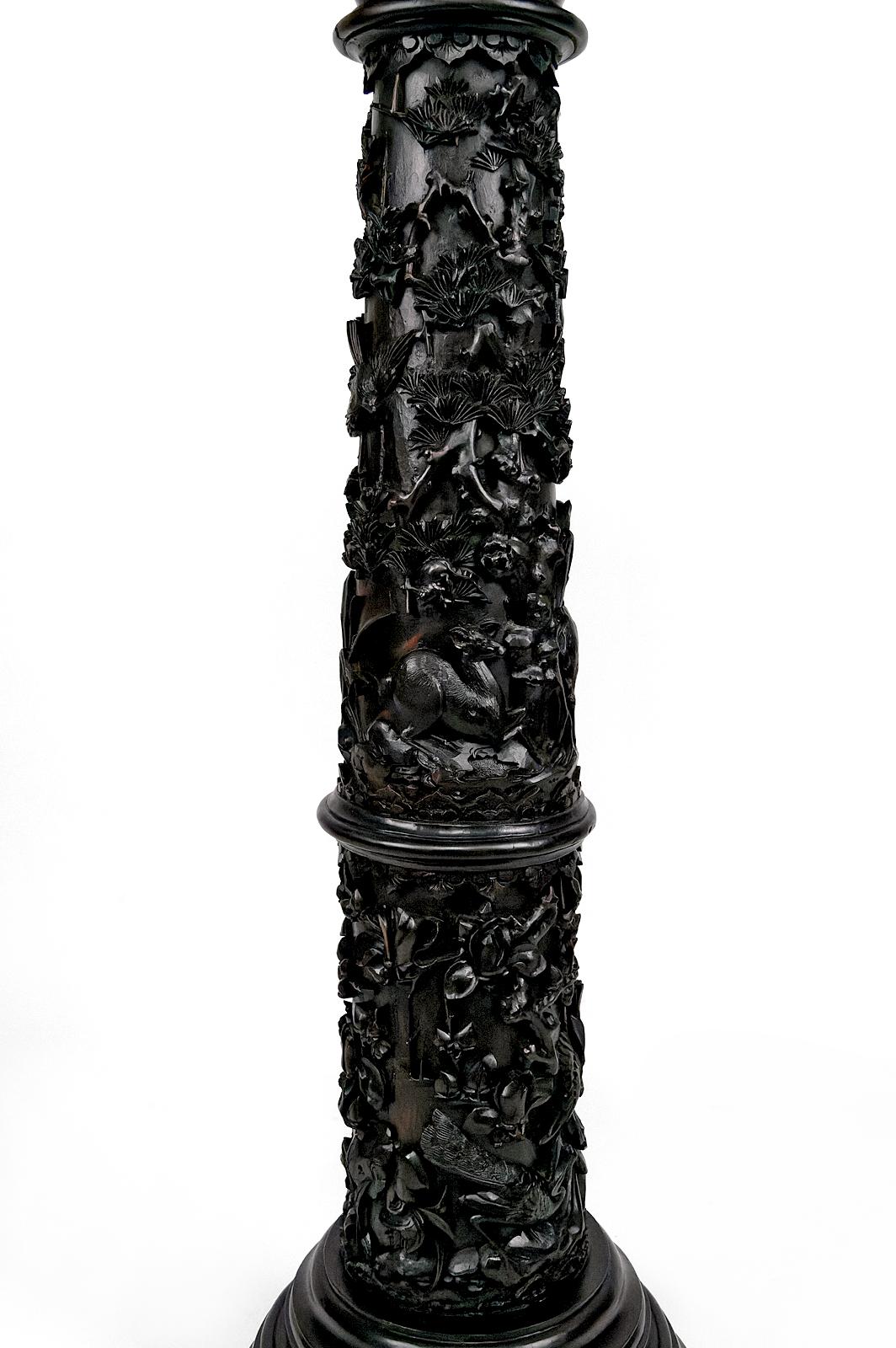 Late 19th Century Important high pedestal table/ column in carved wood, circa 1880, Indochina For Sale