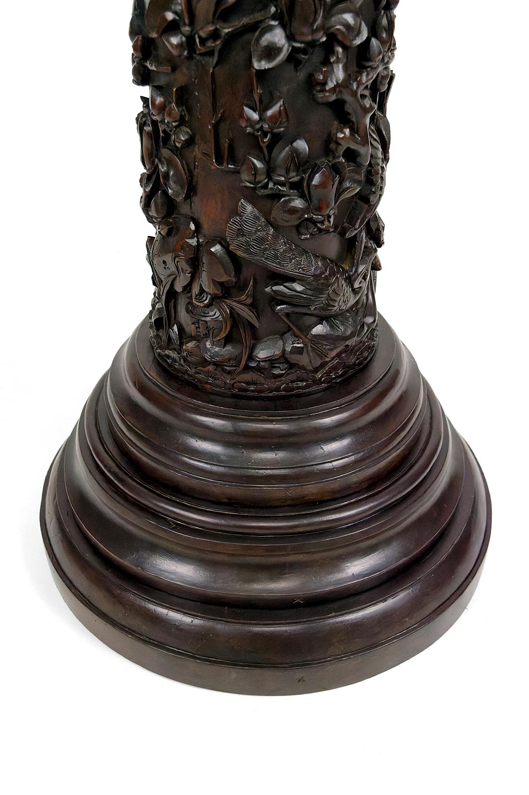 Wood Important high pedestal table/ column in carved wood, circa 1880, Indochina For Sale